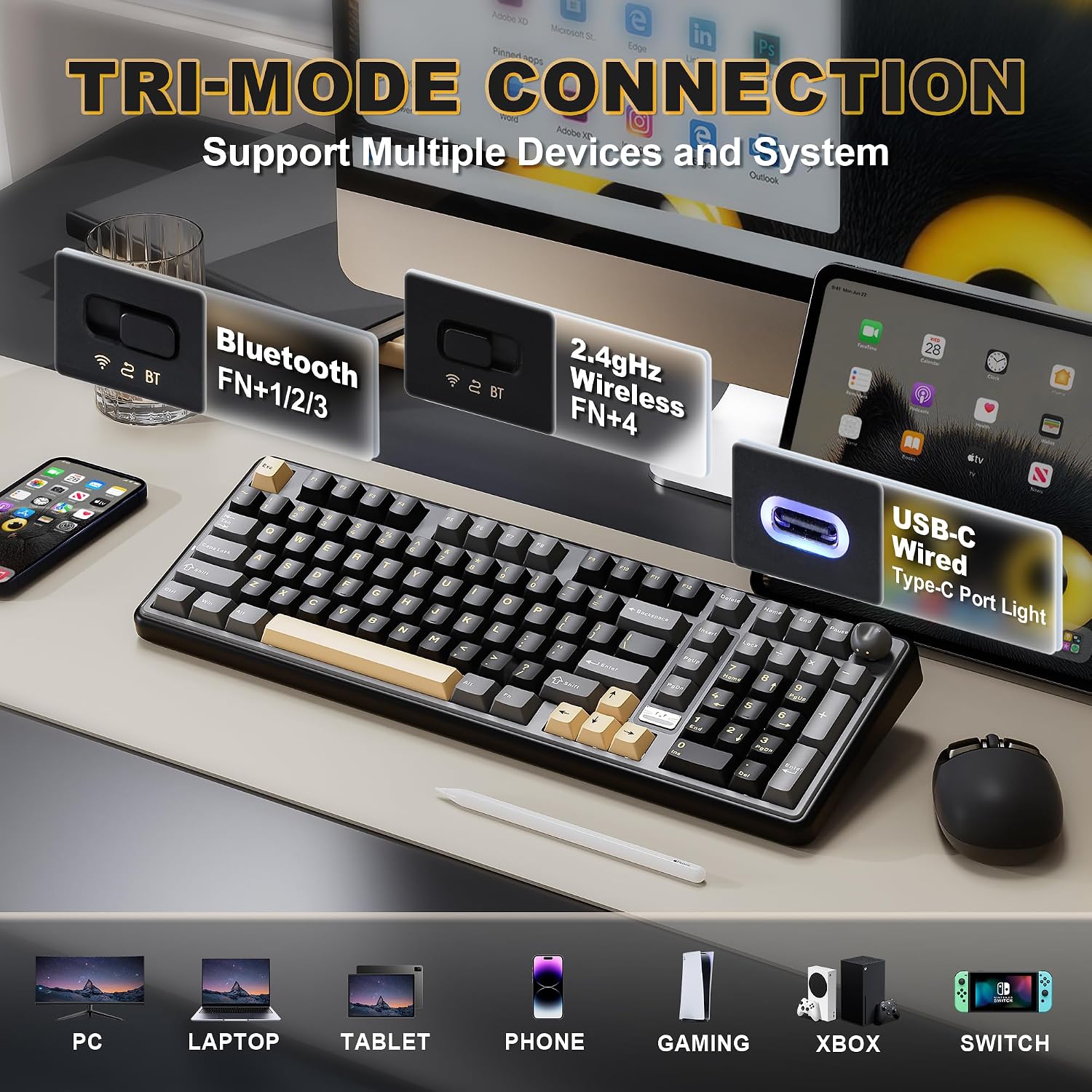 Detalle de YUNZII B98 PRO QMK/VIA Wireless Mechanical Gaming Keyboard: 96% Layout with Numpad, Dual-Style Cat/Metal Knob and Hot-Swappable GPIO