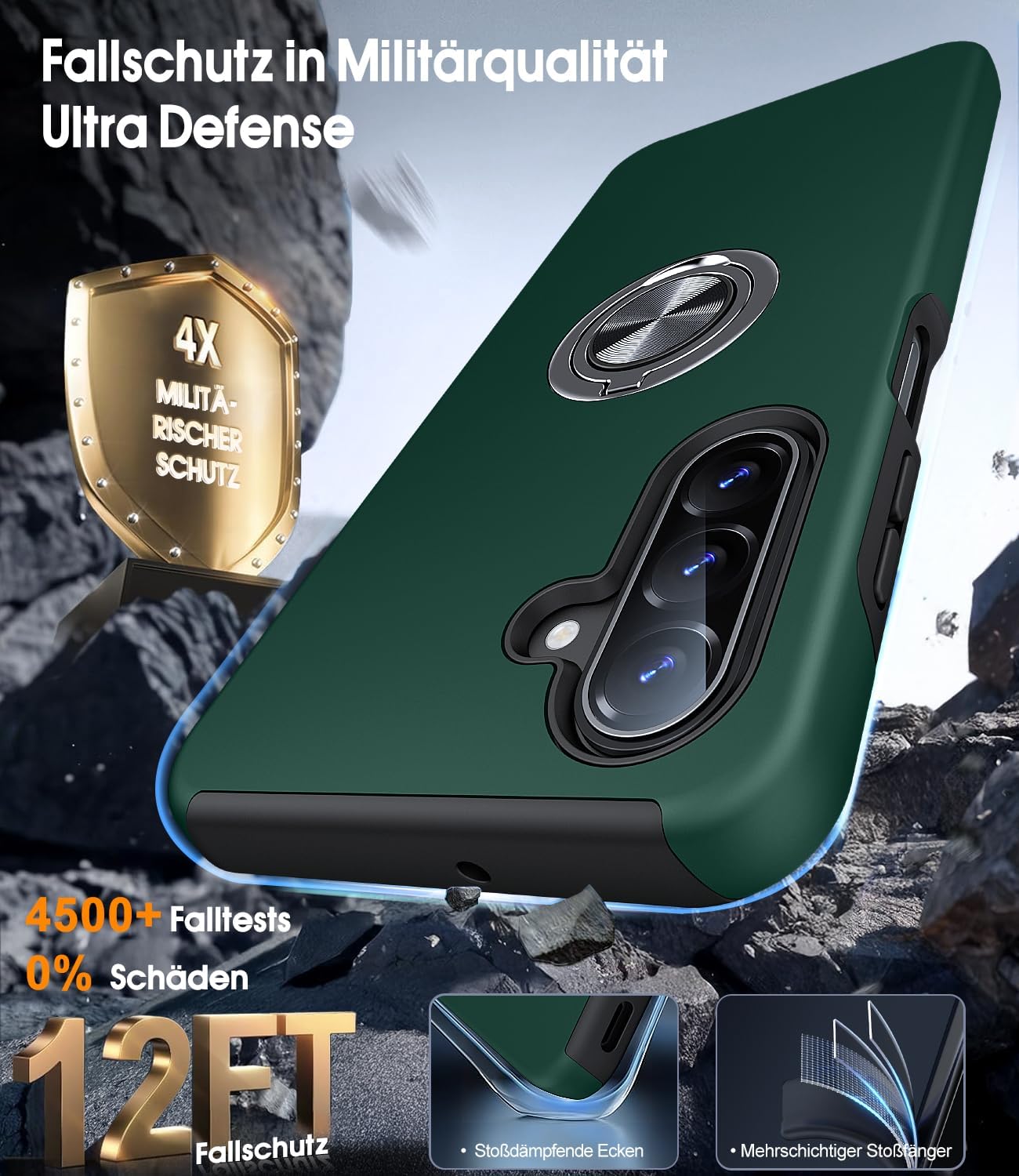 Thumbnail 4 de AOUIA Hülle für Samsung Galaxy A17 5G mit 2x Panzerglas, 360° Ring-Ständer, Militärschutz – Dunkelgrün