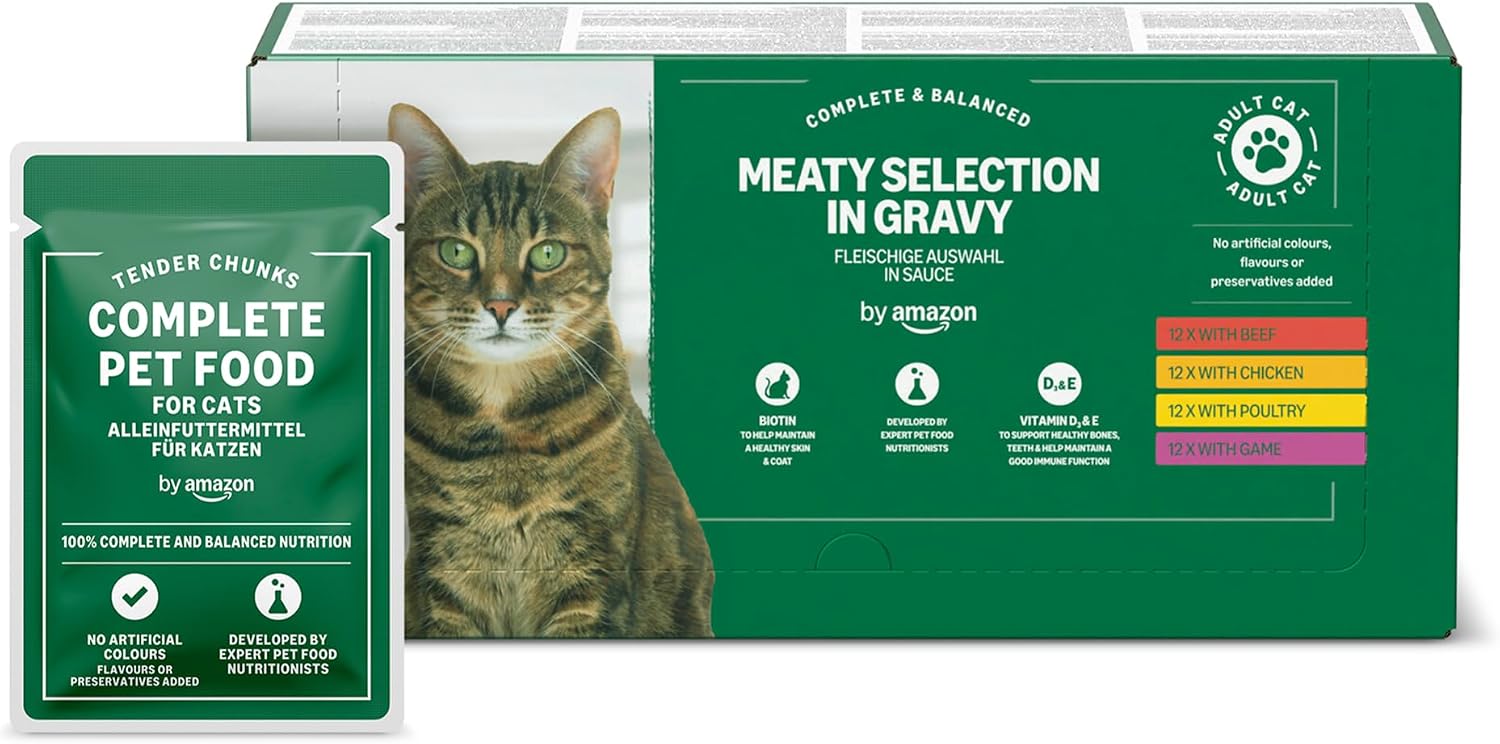 Detalle de by Amazon Katzenfutter Nass – Fleischauswahl in Sauce, 4,8 kg (48 Packungen à 100 g)