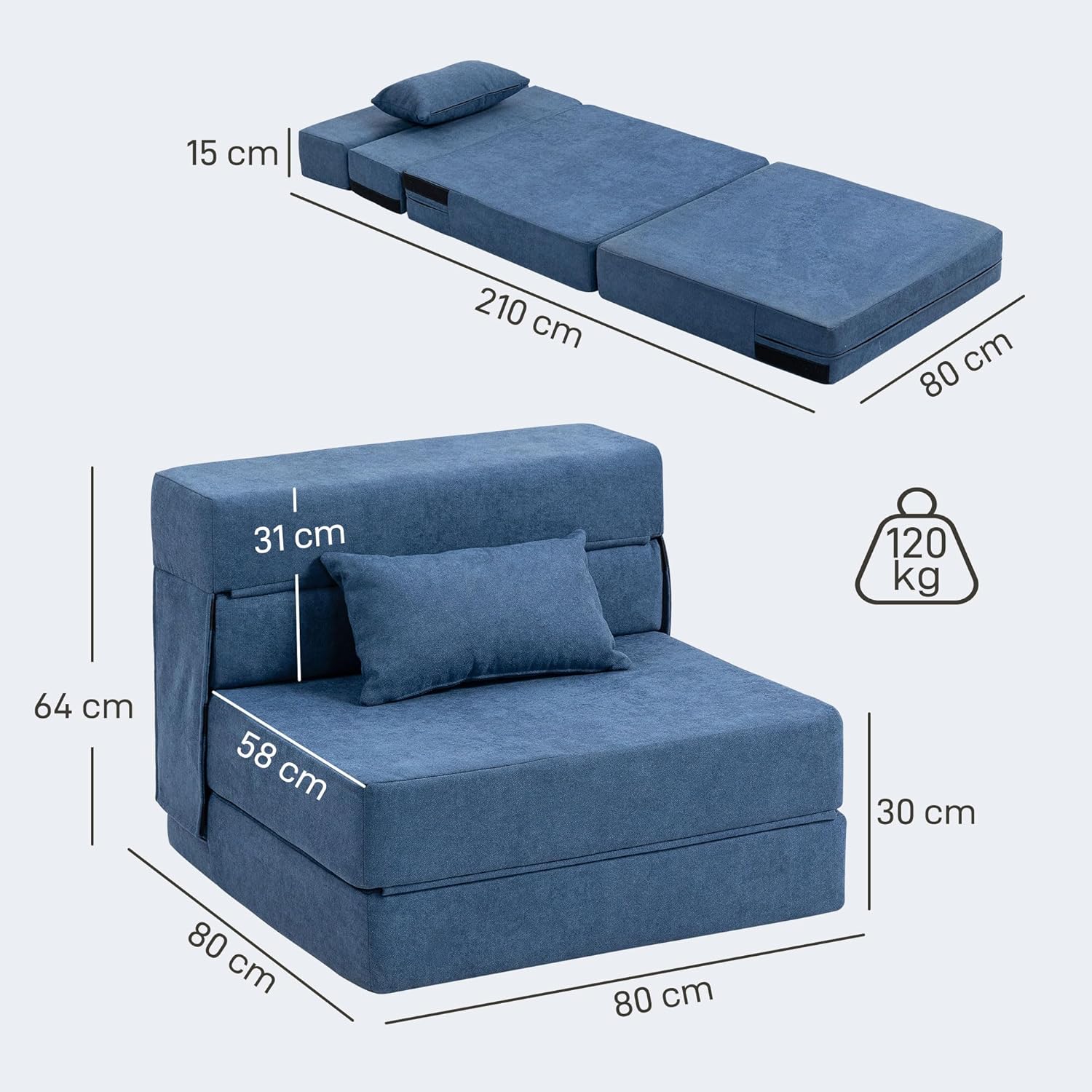 Thumbnail 2 de HOMCOM Fauteuil Convertible 1 Place 3 en 1 – Canapé de sol pliant en flanelle bleue, 210 cm
