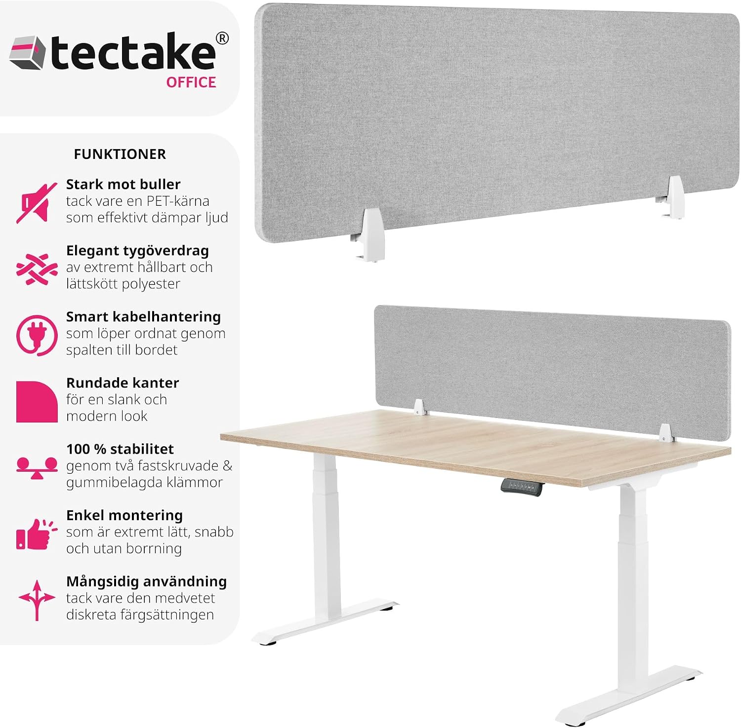 Detalle 2 de tectake 405120 skrivbordsskärm 160 × 40 cm med PET-kärna och polyester