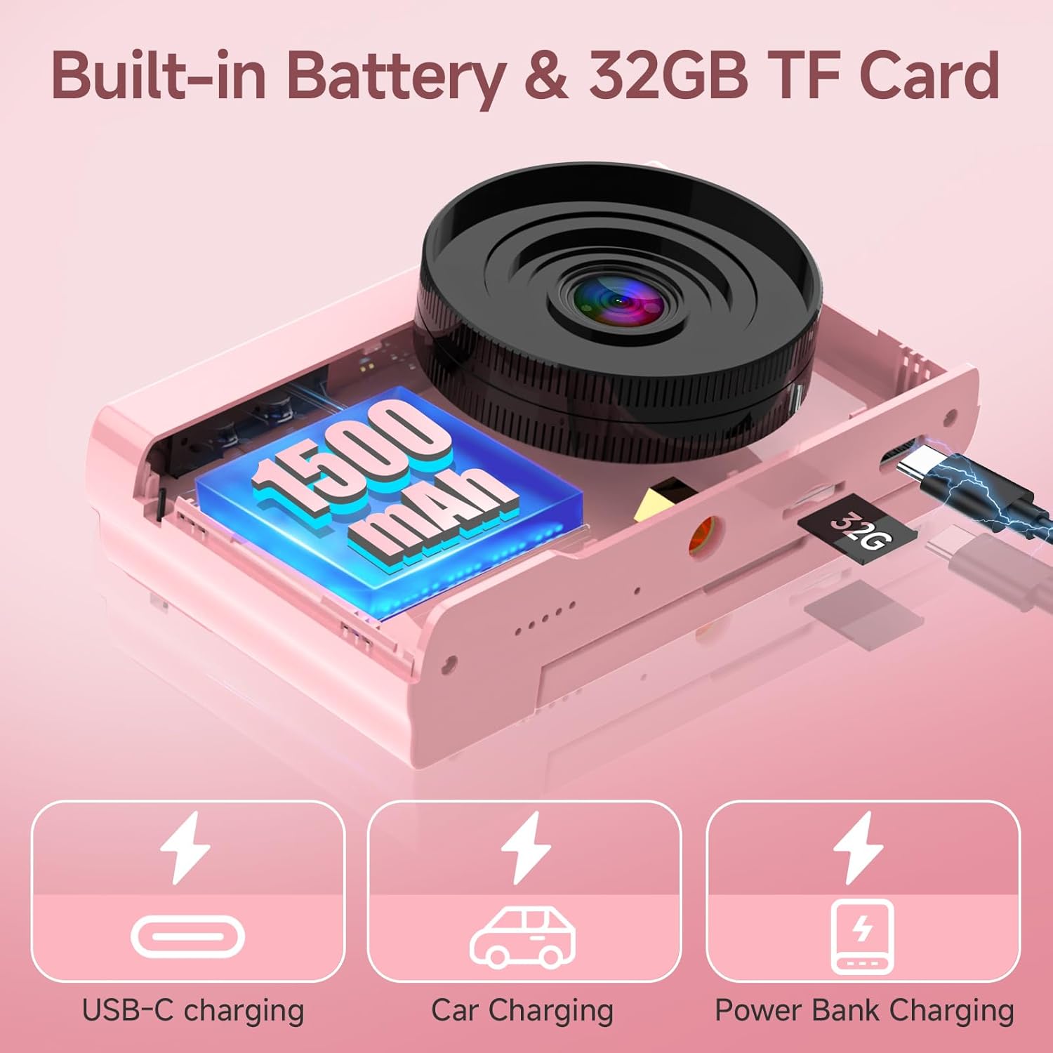 Thumbnail 6 de 4K 64MP Digital Camera (Pink) with 32GB TF Card, 3" 180° Flip Screen, Autofocus & 16x Zoom