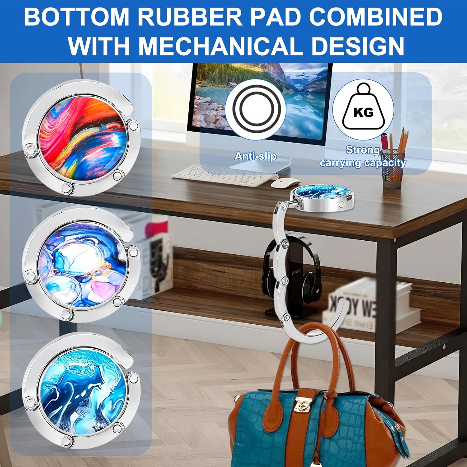 Detalle de 3 Stück Taschenhalter für Tisch – faltbar, rutschfest, aus Metall mit Marmor-Optik, ideal für Restaurant, Büro, Café