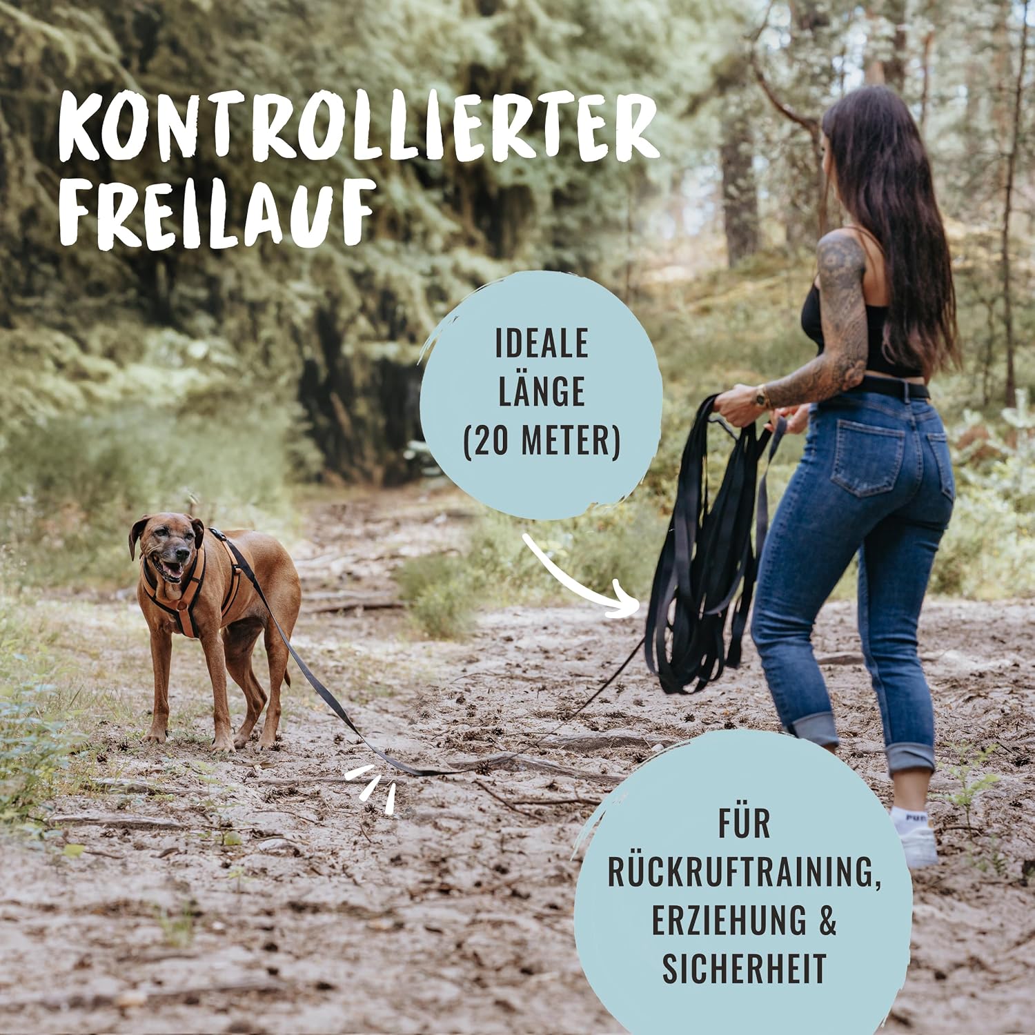 Detalle 2 de Rudelkönig Schleppleine 20 m für große Hunde mit Handschlaufe – robust, wetterfest und ideal fürs Training