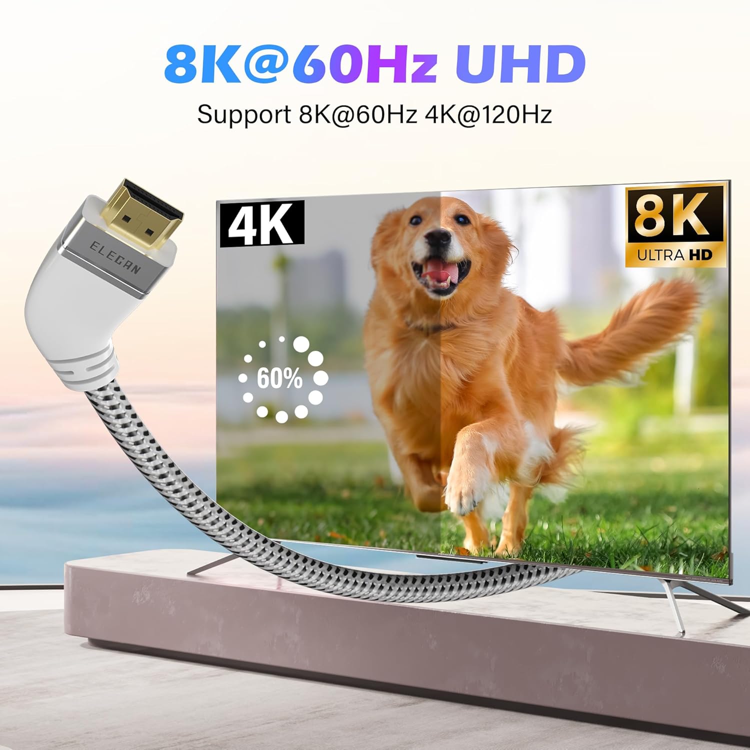 Detalle de Elecan Certified 8K HDMI 2.1 Cable 10 Ft with 45° Left/Right Angled Design