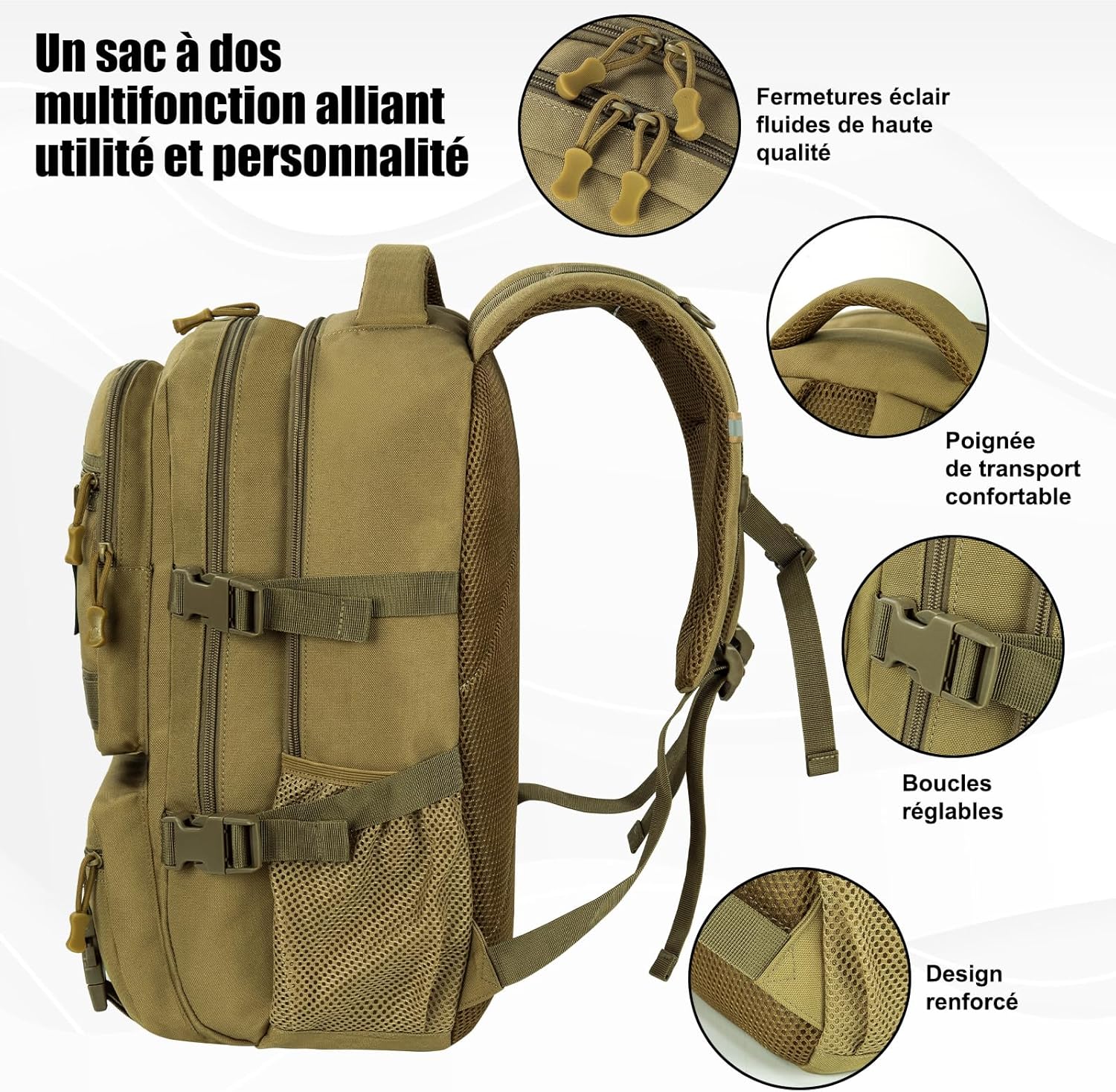 Detalle de FRONET Cartable Garçon/Fille Adolescent et Enfant 50×35×23 cm – Grand sac à dos 17,3" multi-compartiments, kaki
