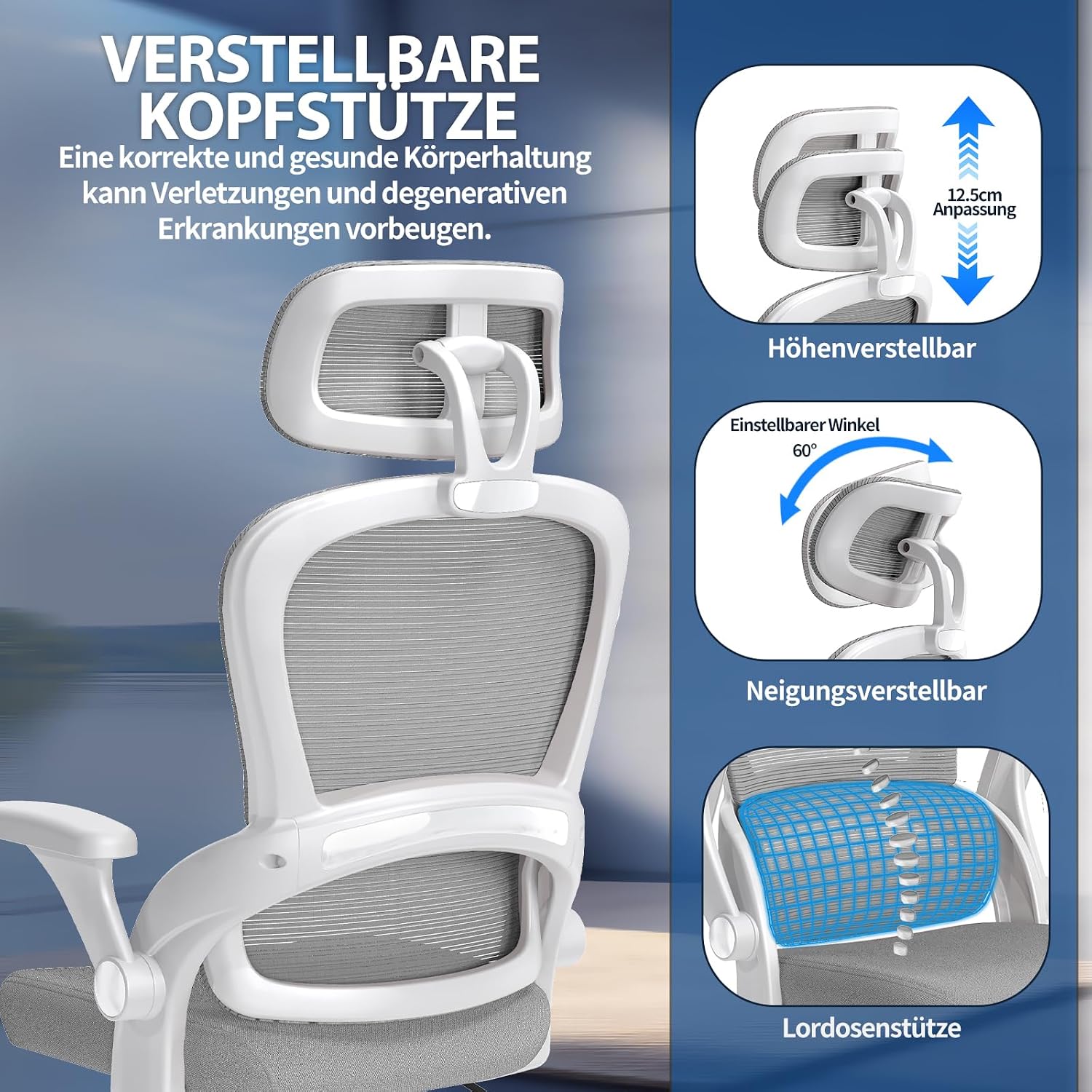 Detalle de TRALT Ergonomischer Bürostuhl – verstellbare Kopfstütze, 150 kg Tragkraft und atmungsaktives Netzdesign