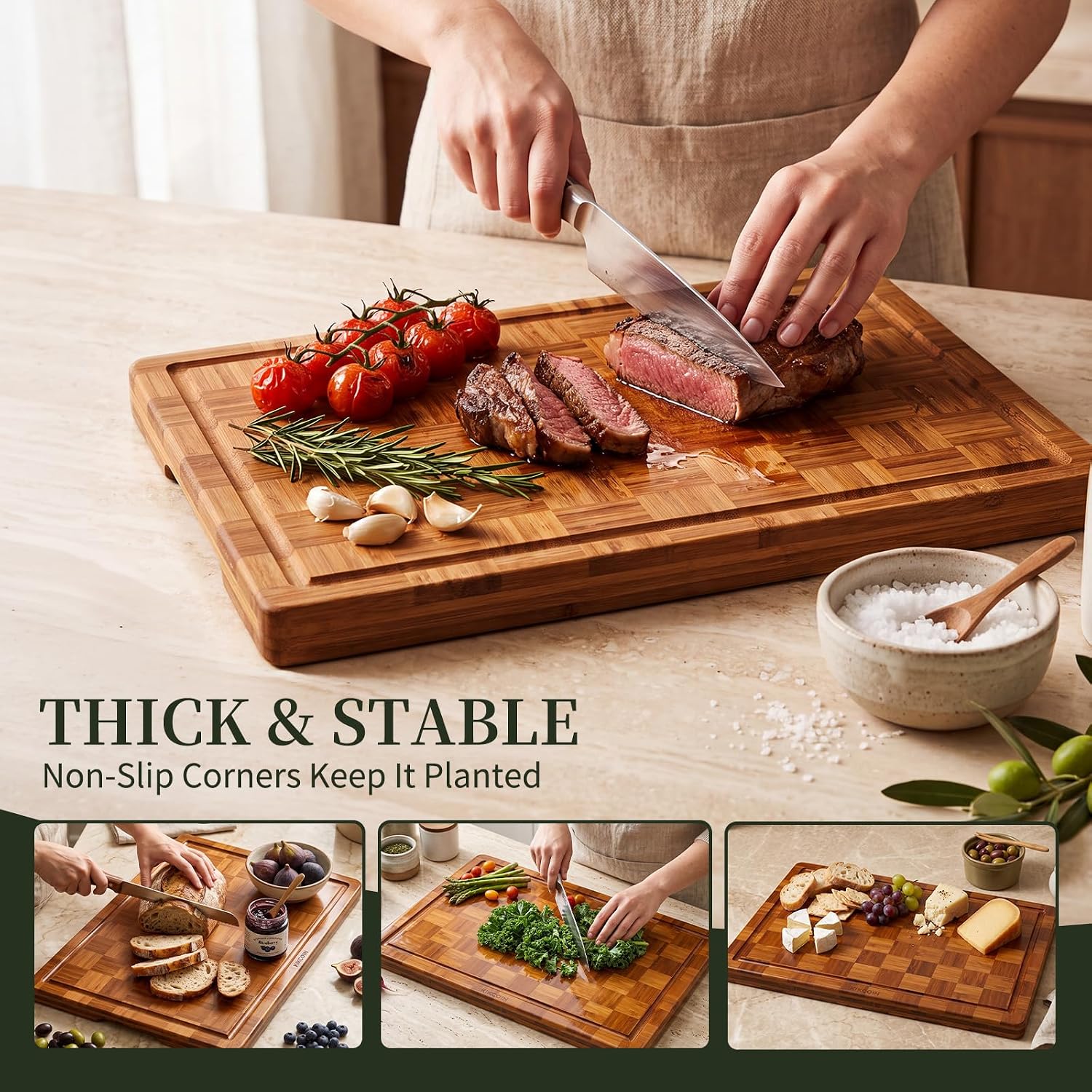 Detalle 2 de Kikcoin Extra Large Bamboo Cutting Boards Set of 3 ⚖