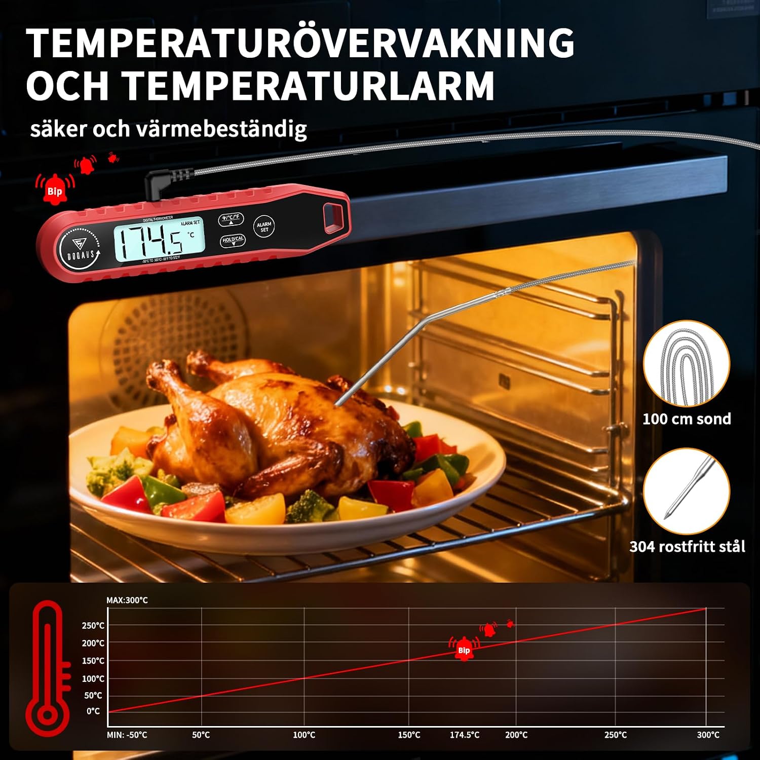 Detalle de DOQAUS CP8 PRO digital stektermometer med 100 cm sond och temperaturlarm, röd