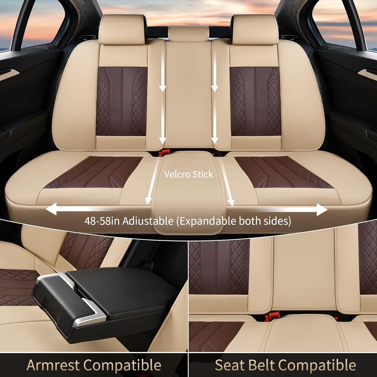 Detalle 2 de FLORICH Front and Back Leather Seat Covers for Cars – Full Set (5 Seats), Beige & Coffee, Universal Fit