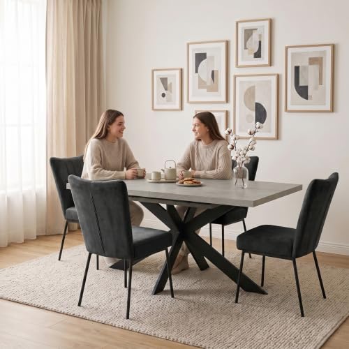 Detalle 2 de JIEXI Set tavolo da pranzo allungabile con 6 sedie: 130-170 cm, piano MDF grigio e base a X, sedie imbottite in flanella nera