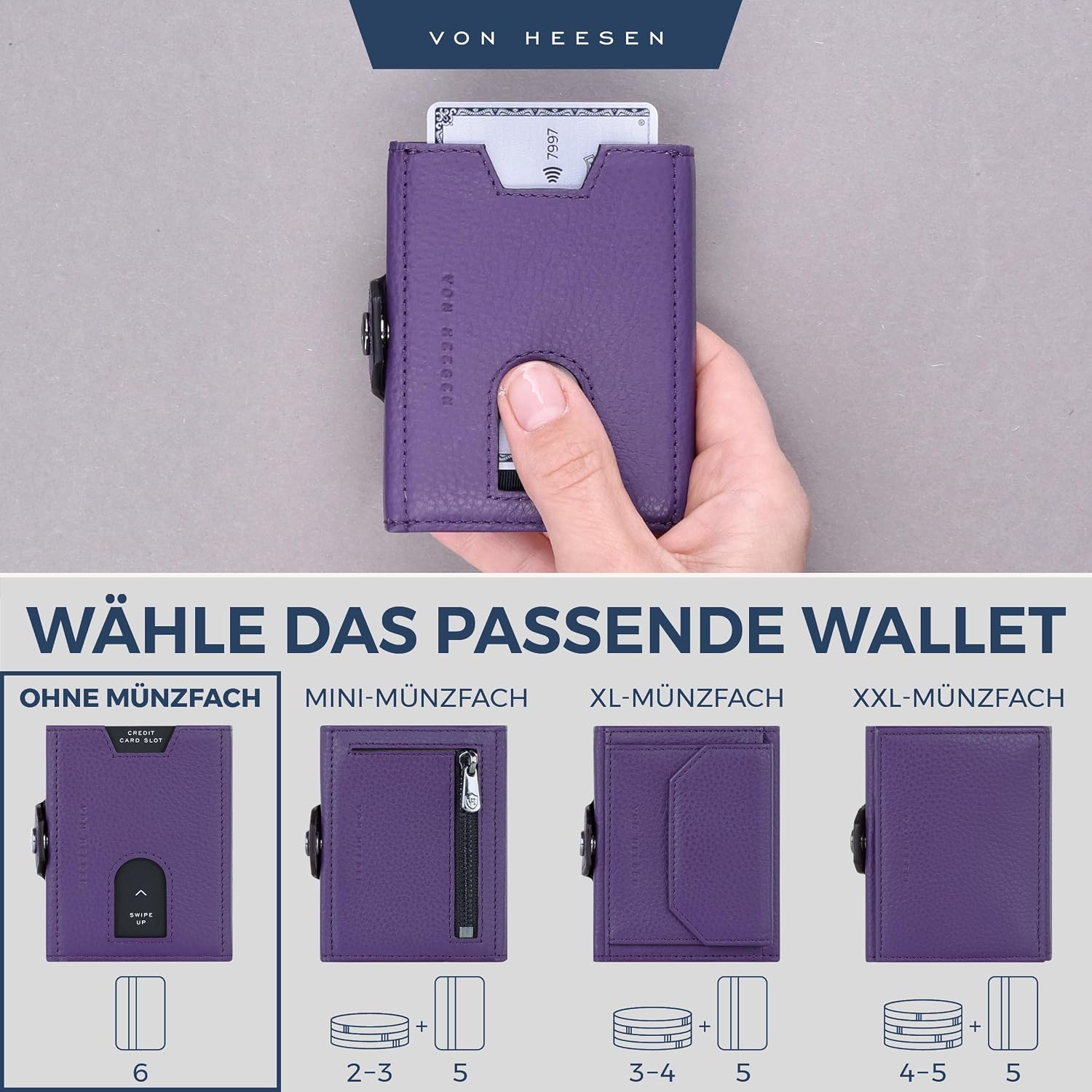 Detalle de VON HEESEN Slim Wallet mit RFID-Schutz – Leder-Kreditkartenetui im Querformat, klein & flach