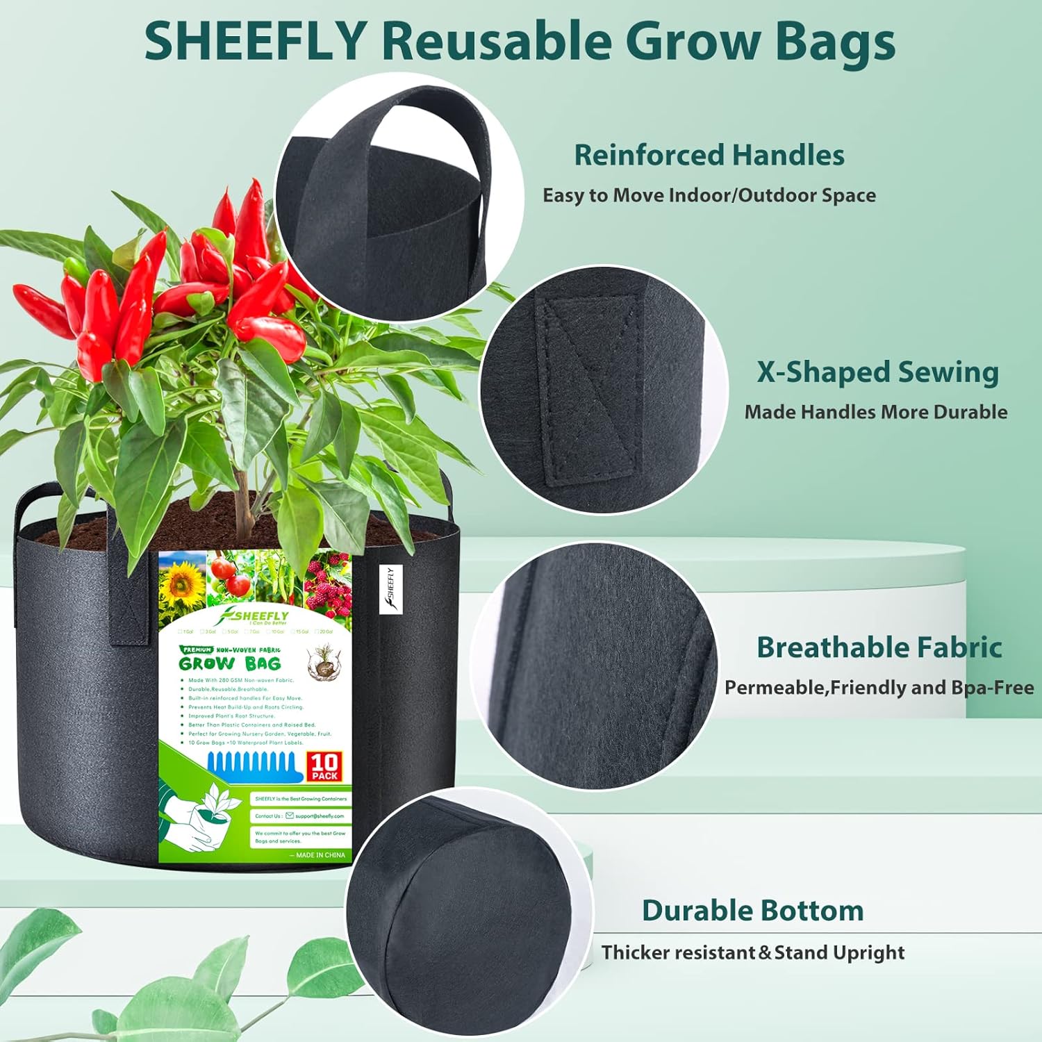 Thumbnail 3 de SHEEFLY 10 Pack 7 Gallon Grow Bags (300GSM) with Reinforced Handles and Plant Labels