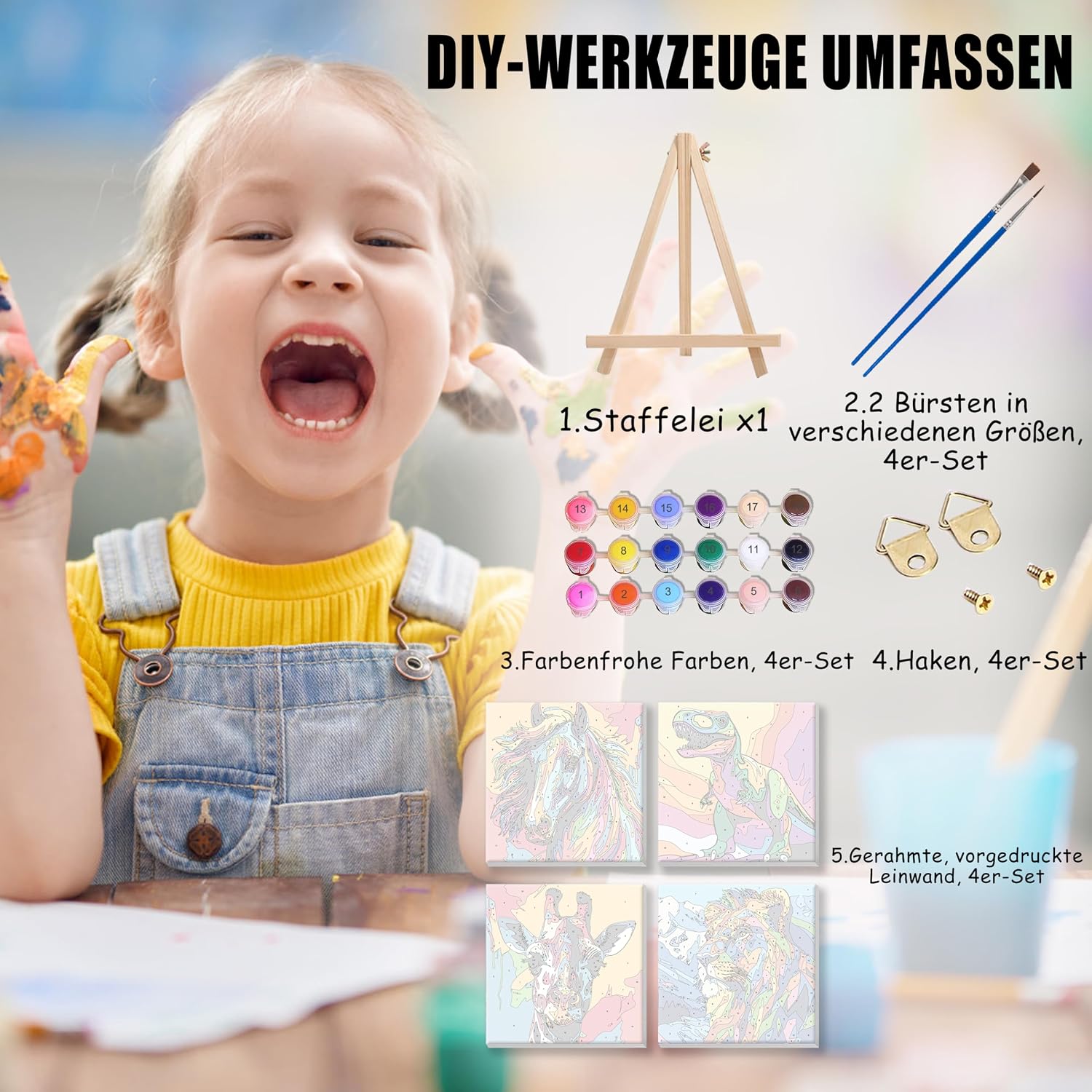 Thumbnail 3 de Yunruily 4er-Set Malen nach Zahlen für Kinder mit Rahmen (Giraffe & Löwe) – Paint-by-Numbers ab 7/8 Jahren