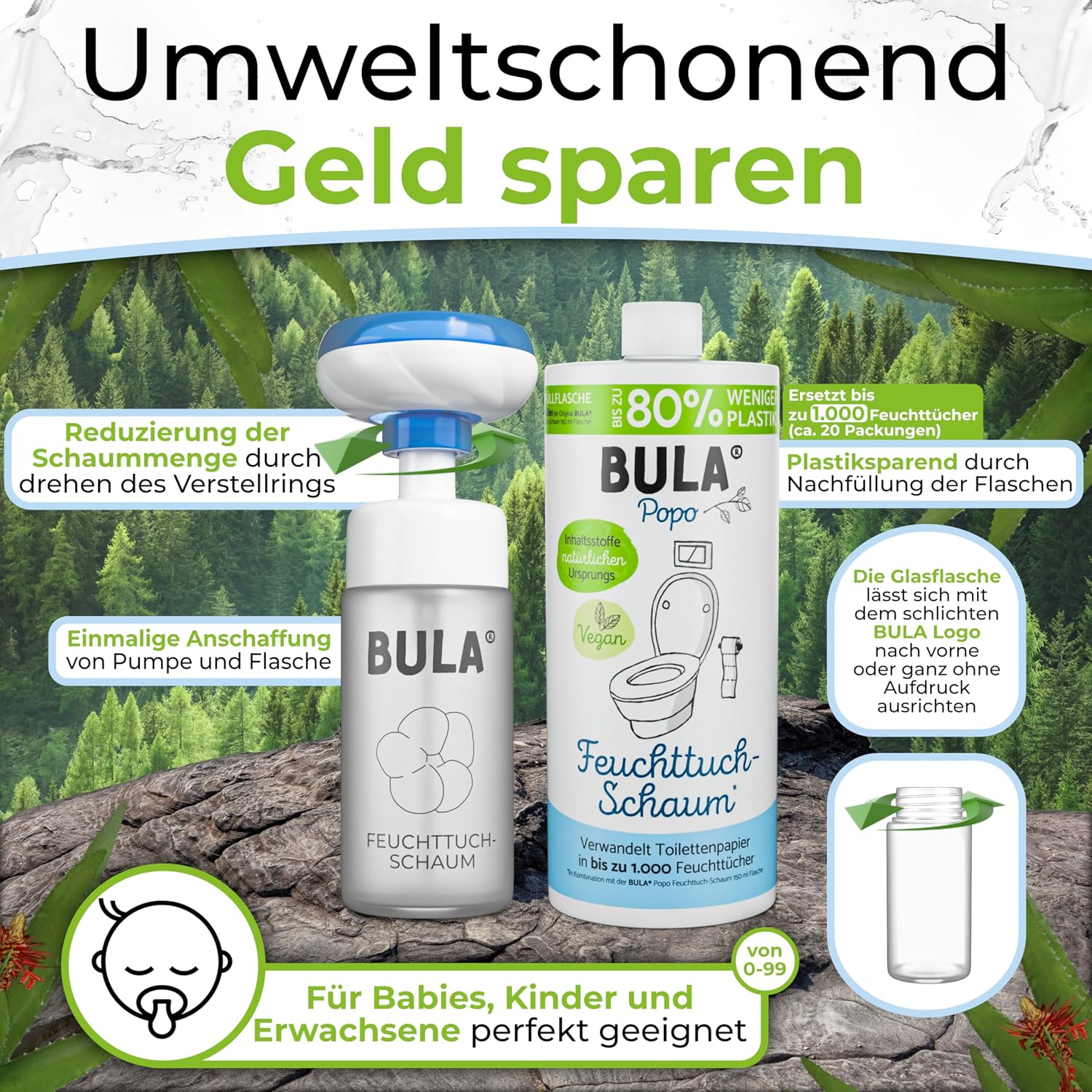 Thumbnail 3 de BULA Popo Öko Glas Bundle – Feuchttuch-Schaum Starterset mit Glasflasche & Nachfüll-Flasche