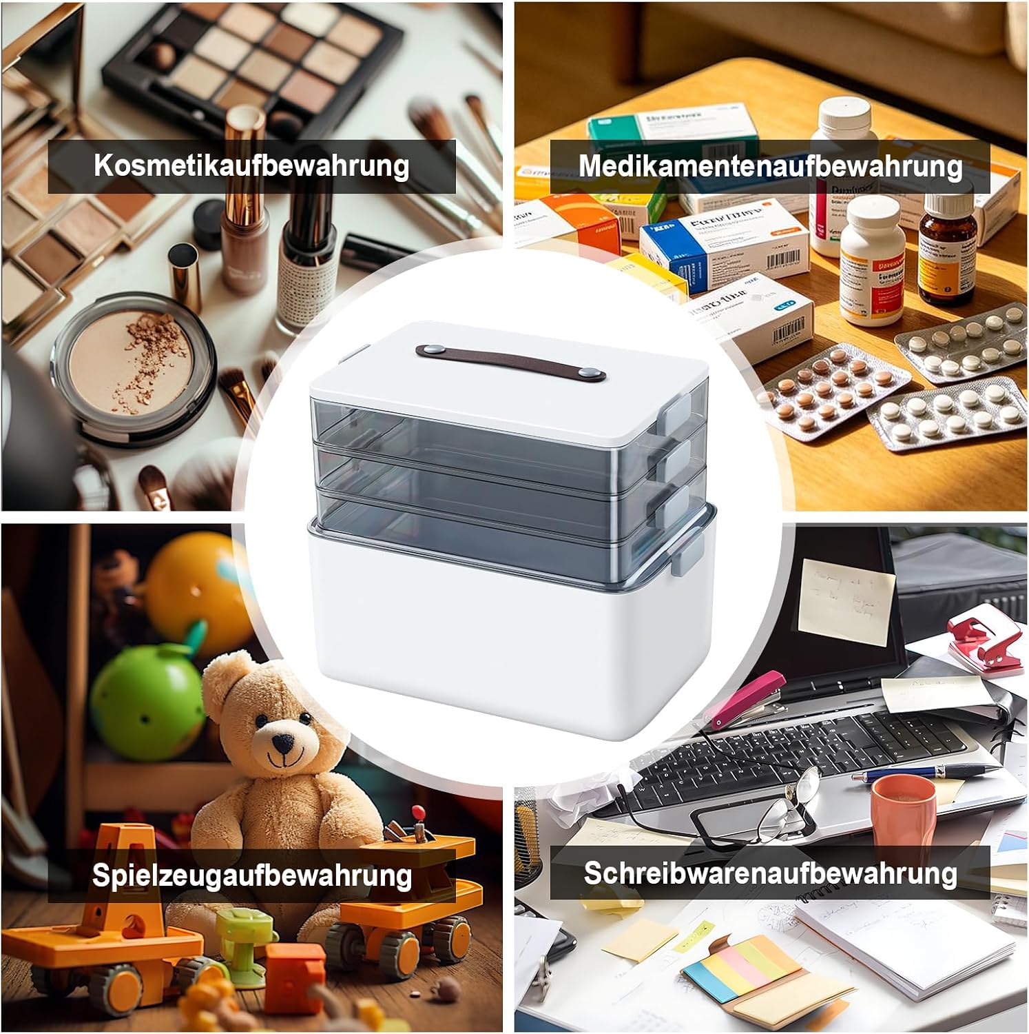 Thumbnail 4 de IMHO 4-stöckige Medizin Organizer Box – modulare Aufbewahrung mit Ledergriffen
