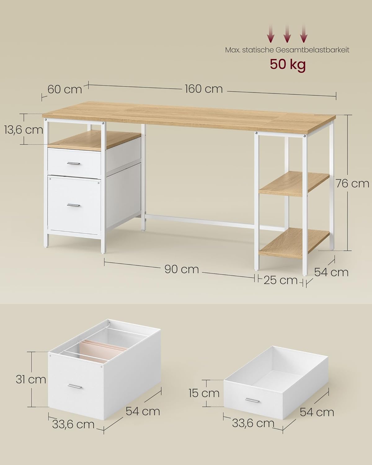 Detalle de VASAGLE LWD105YD01 Schreibtisch 160x60 cm