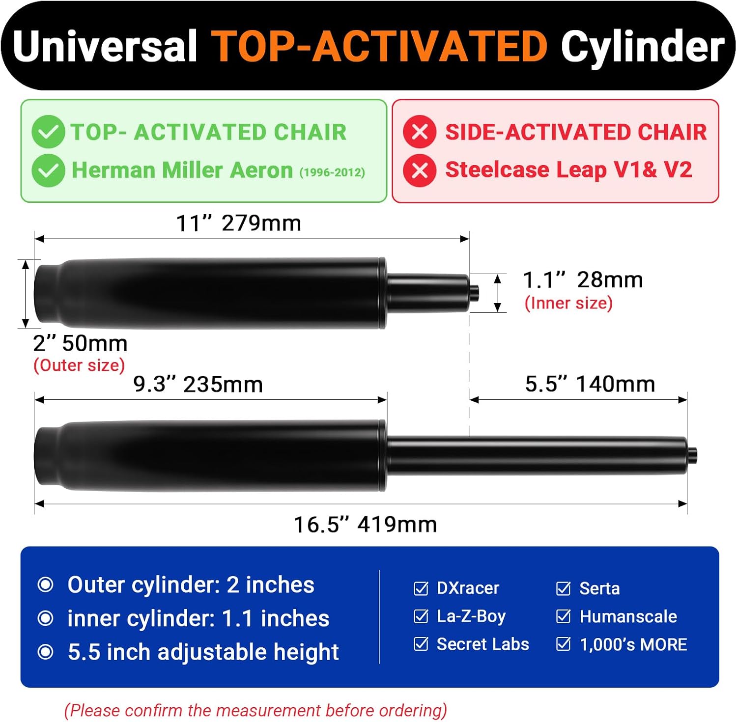 Thumbnail 1 de Rythalix RX-GAS-LIFT-S100-15-BLACK-CA-v1 Chair Cylinder, Top-Activated