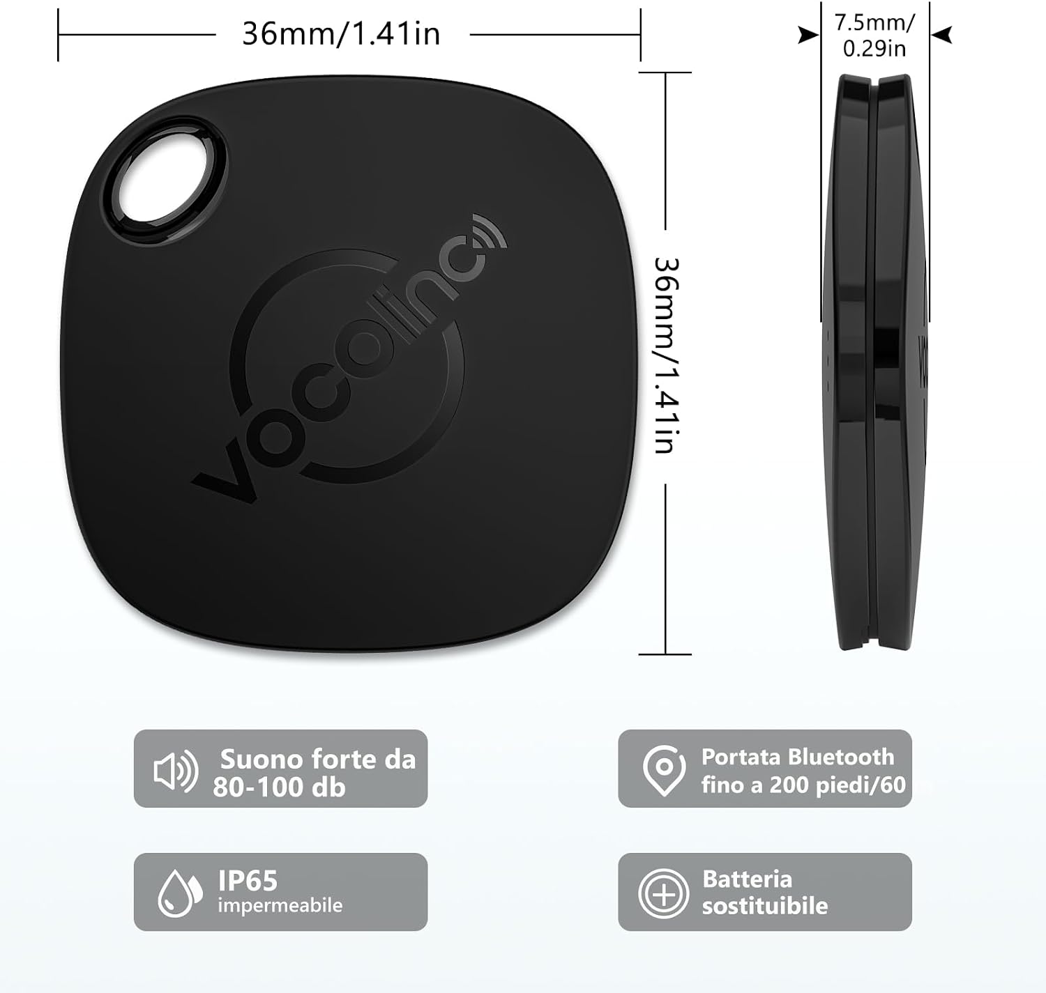 Detalle de VOCOlinc Air Tag Tracker 2 Pezzi: Localizzatore Bluetooth compatibile solo iOS, design leggero e batteria sostituibile