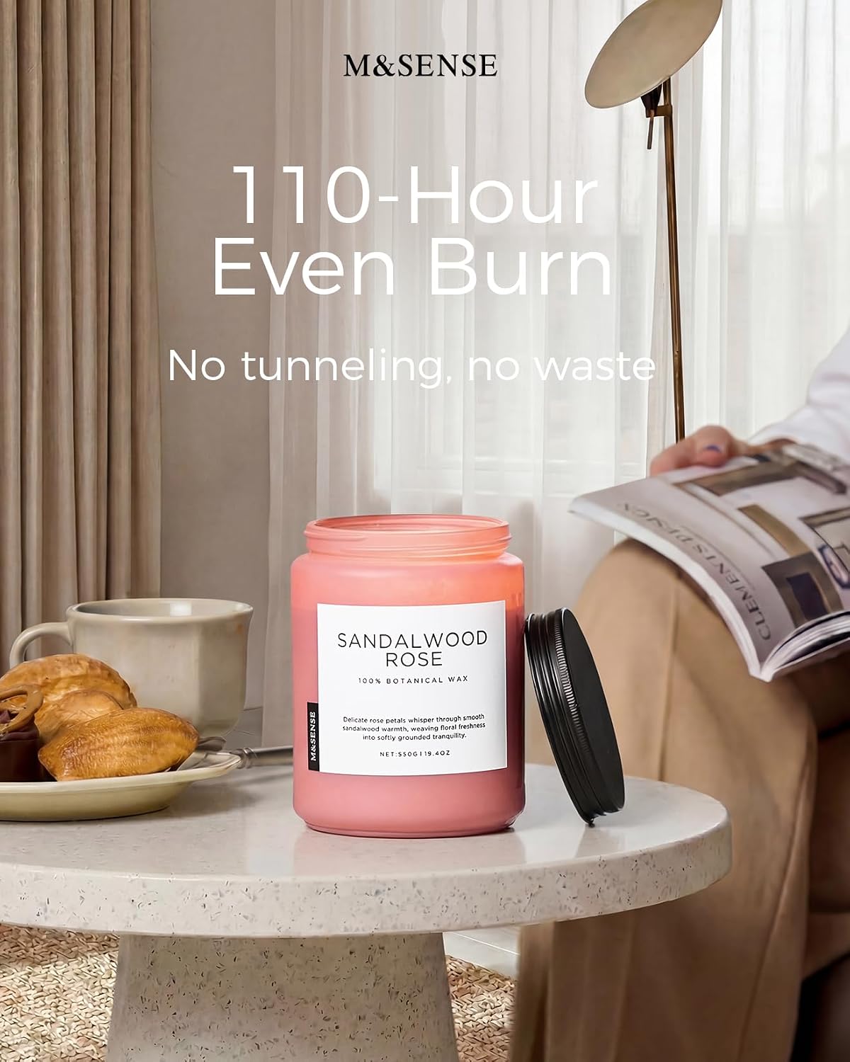 Detalle 2 de M&SENSE Sandalwood Rose Scented Candle — 19.4oz, 110 Hours, Dual-Wick Natural Soy Wax