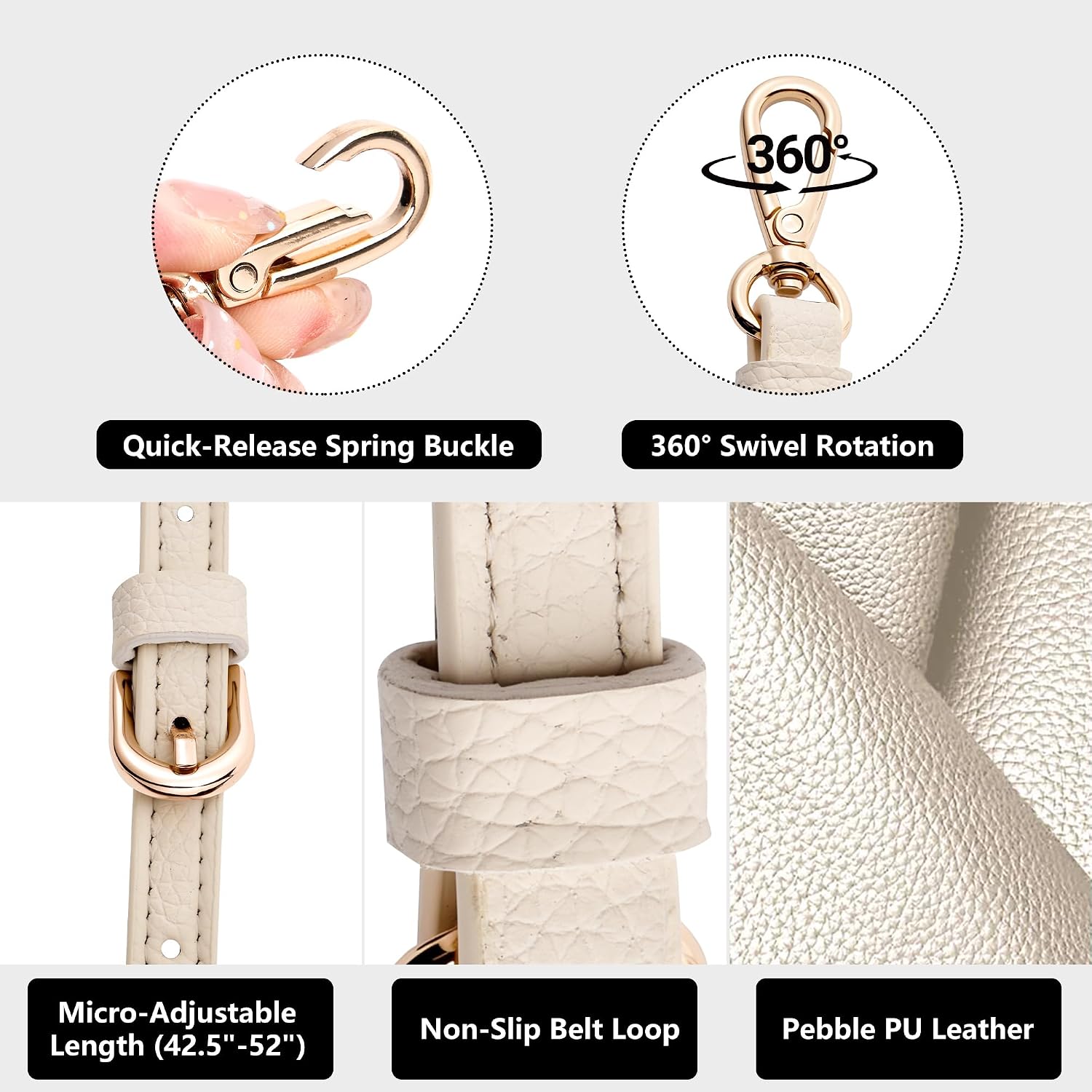 Detalle de SEAVILIA Adjustable PU Leather Purse Strap, Thin 0.47-Inch, Beige with Gold Hardware