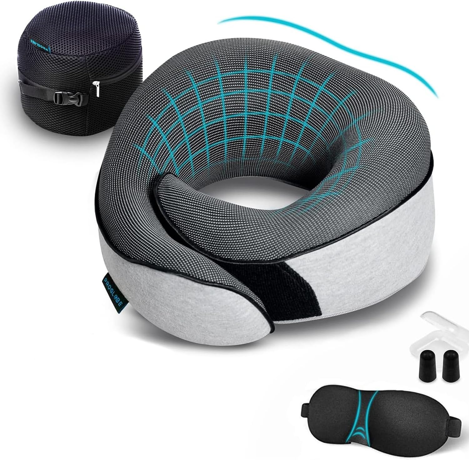 Detalle de Proglobe Travel Pillow Set: Memory Foam Neck Pillow with Eye Mask, Earplugs & Mesh Bag (Grey)