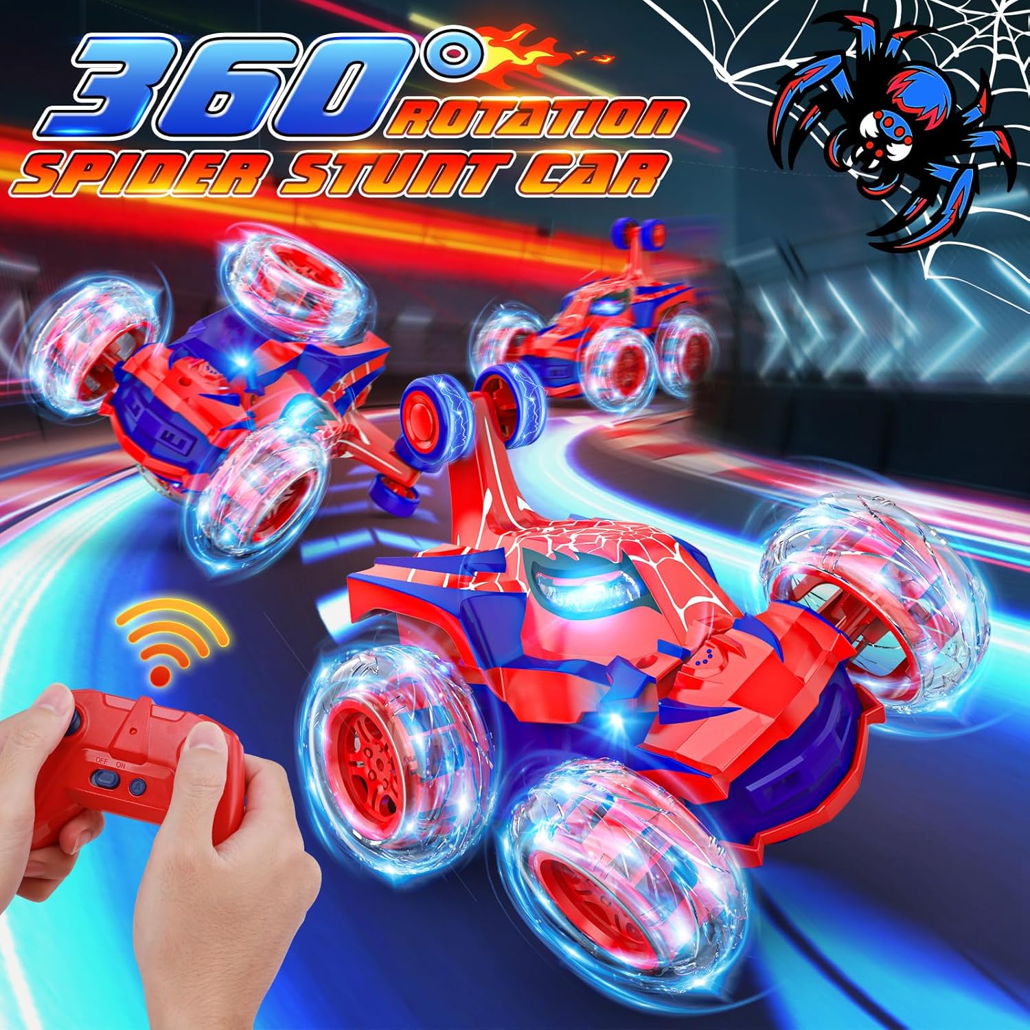 Detalle de Mafbeanl Remote Control Spider Stunt RC Car (Red) — 360° Rotation, 2.4GHz Control, Rechargeable Wheel Lights