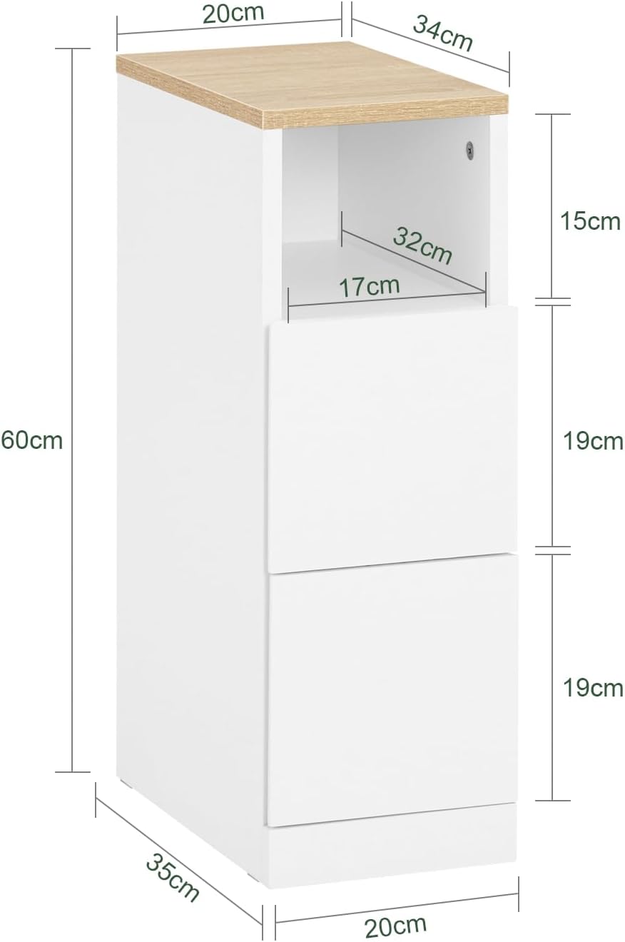 Detalle de SoBuy Lot de 2 Tables de Chevet étroites 20 cm – Tables de Nuit avec 2 tiroirs, blanc, L20 x P35 x H60 cm (FBT149-WNx2)