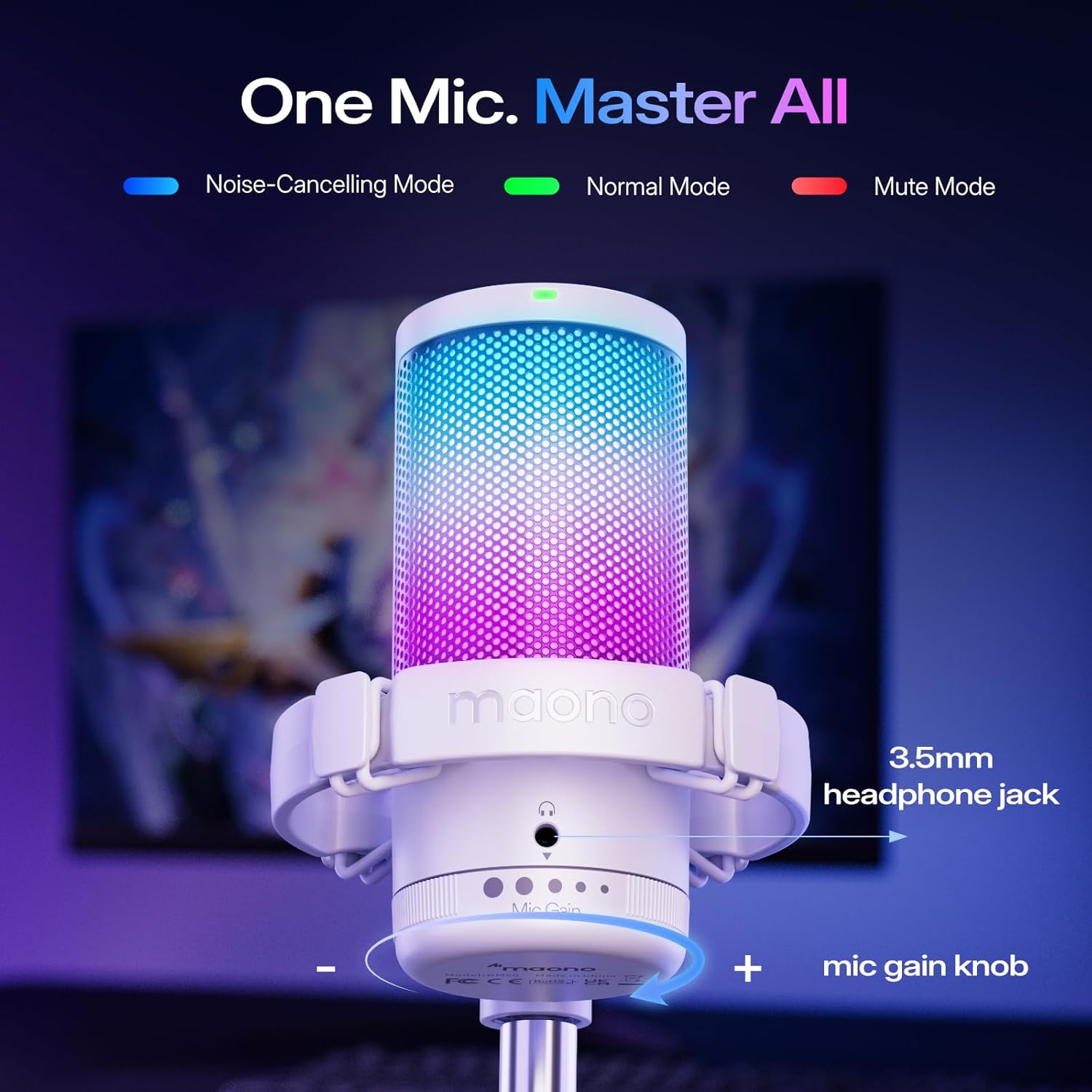 Detalle de MAONO DGM20S Gaming-USB-Mikrofon mit RGB, Noise-Reduction und Stummschaltung