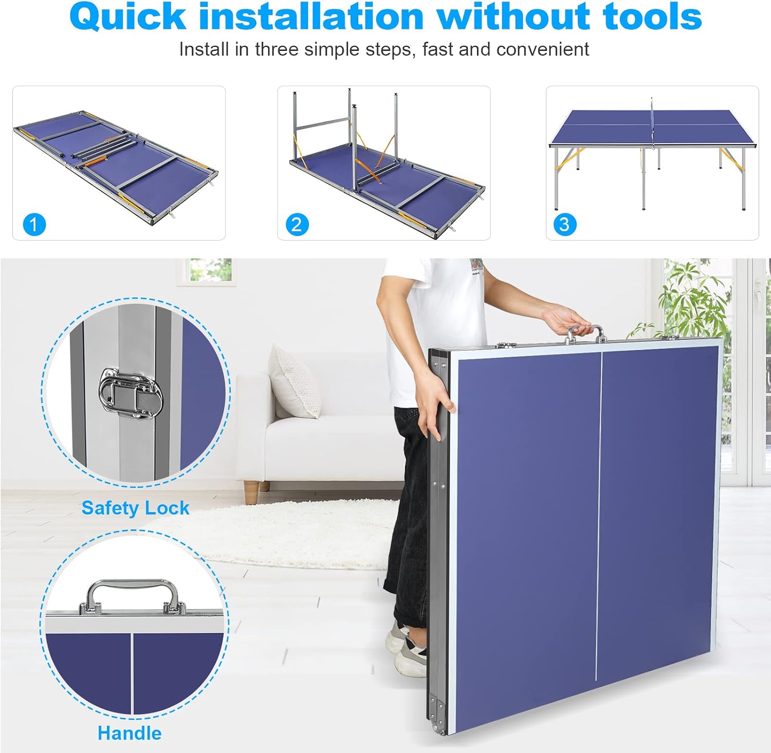 Detalle de REXOUS 6ft Mid-Size Foldable Table Tennis Table Set (with net, 2 paddles and 3 balls), blue