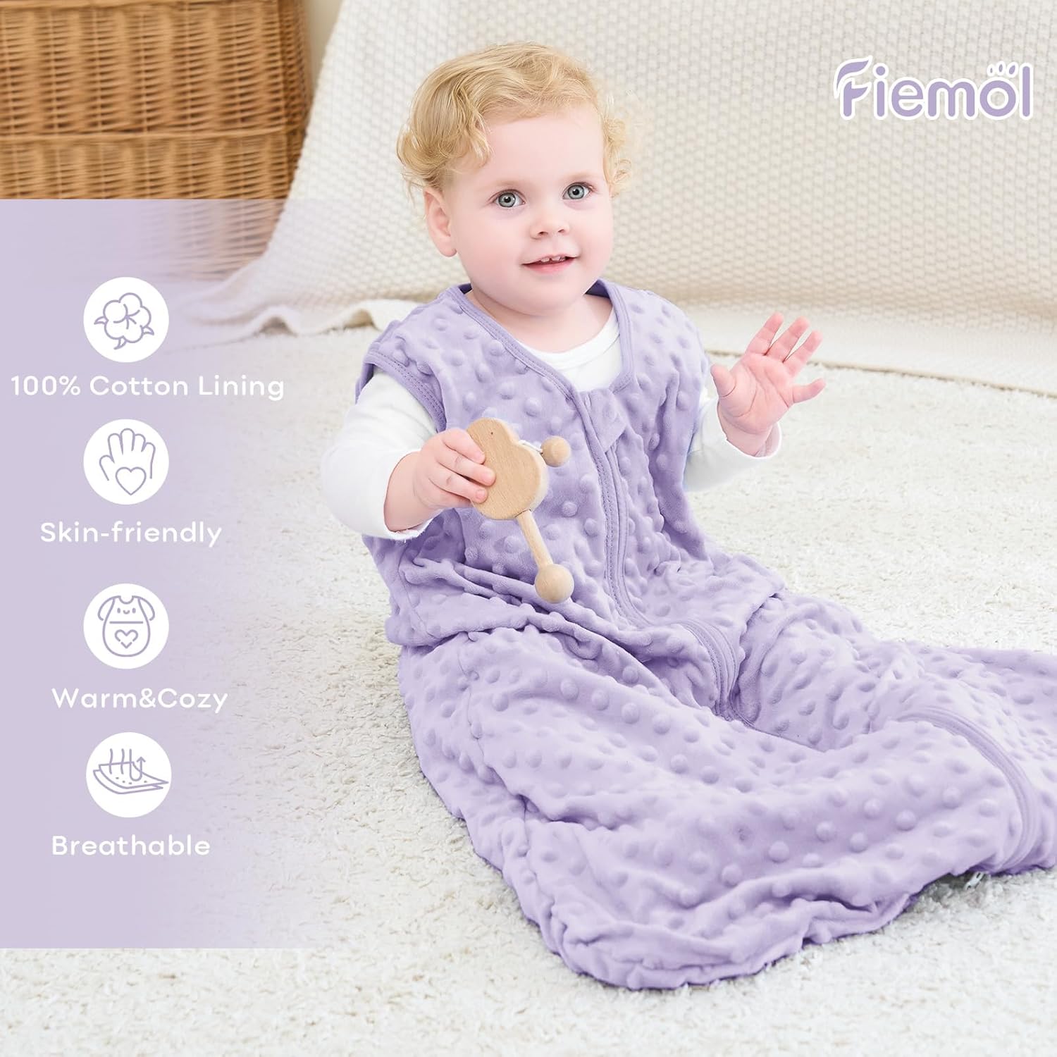 Detalle de FIEMOL Schlafsack Baby 6-12 Monate, 1.5 Tog, Plüsch-Doppelmaterial, Rosa/Lila, 78 cm – 2er Pack