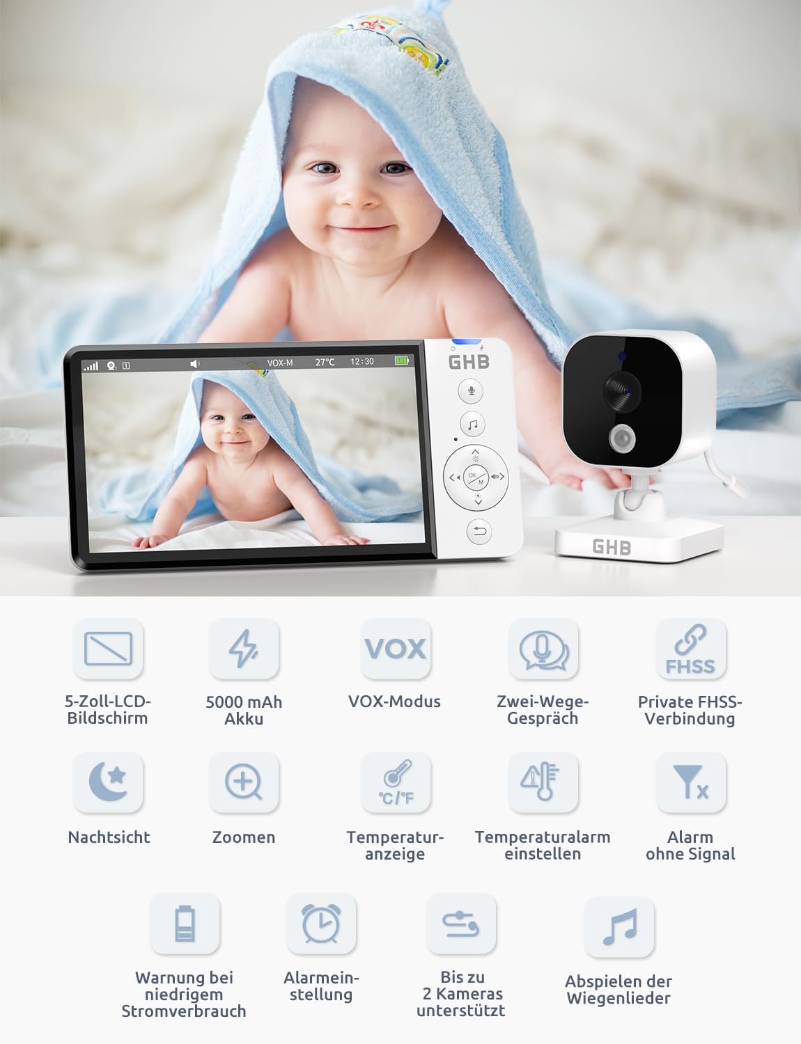 Detalle de GHB Babyphone mit Kamera 5 Zoll HD – VOX-Modus, Nachtsicht, 5000 mAh, 2-Kamera-Erweiterung