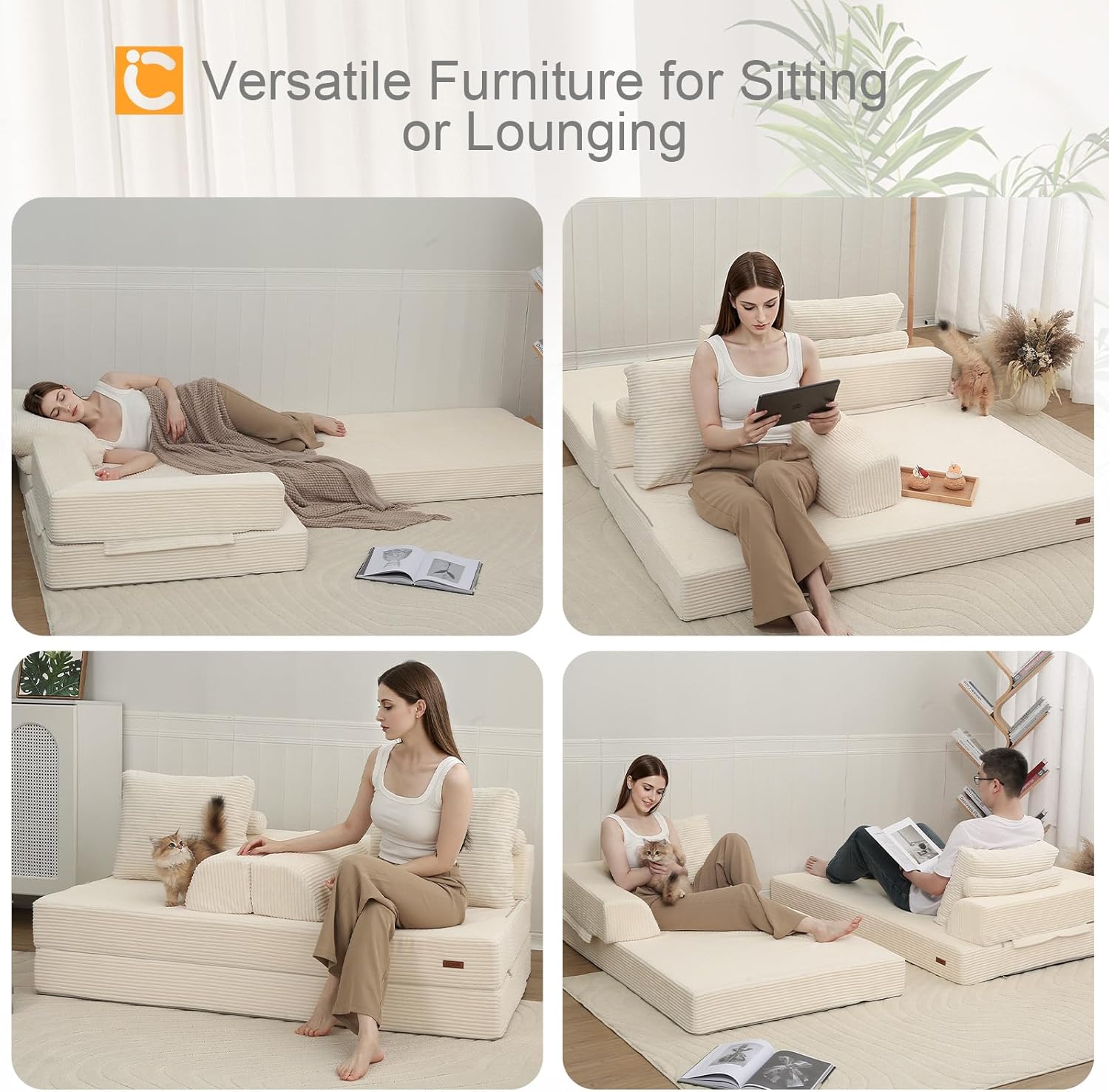 Detalle 2 de COMAX Convertible Sofa Bed (Corduroy Beige) – Folding Floor Couch Bed Futon Sleeper w/ Pillows