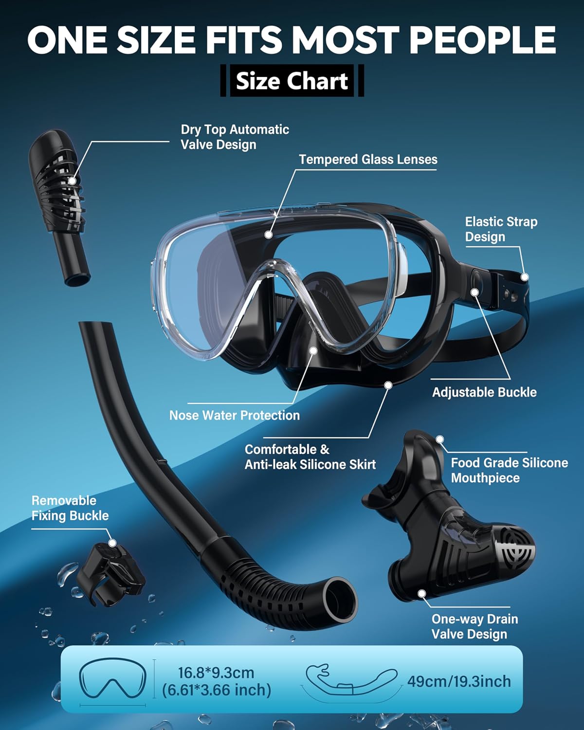 Detalle de G2RISE SN05 Snorkel Set Adults: Anti-leak Mask, Dry Top Snorkel with Tempered Glass Lenses