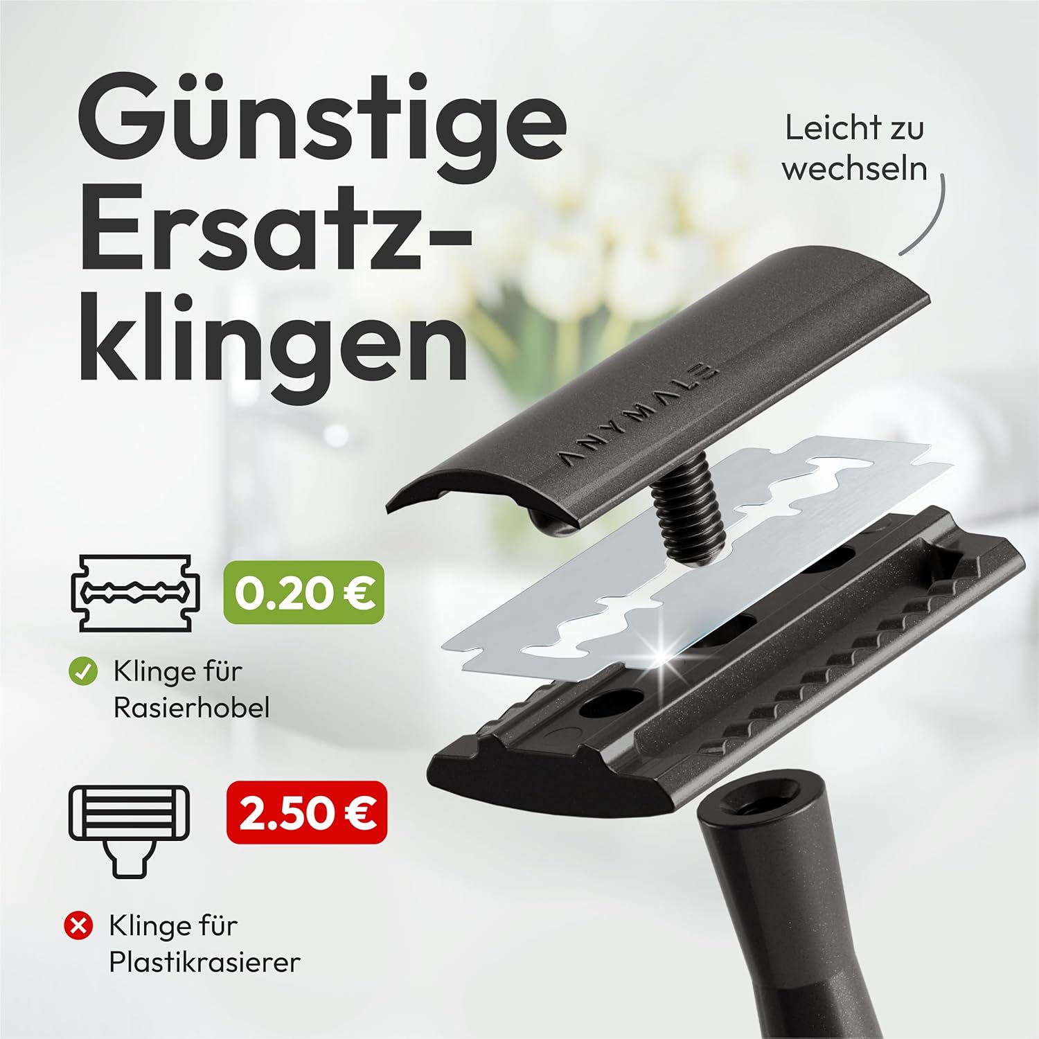 Detalle de ANYMALE Rasierhobel Herren (Black Edition) inkl. 5 Klingen, Ständer & Zero Waste - Nassrasur aus Metall