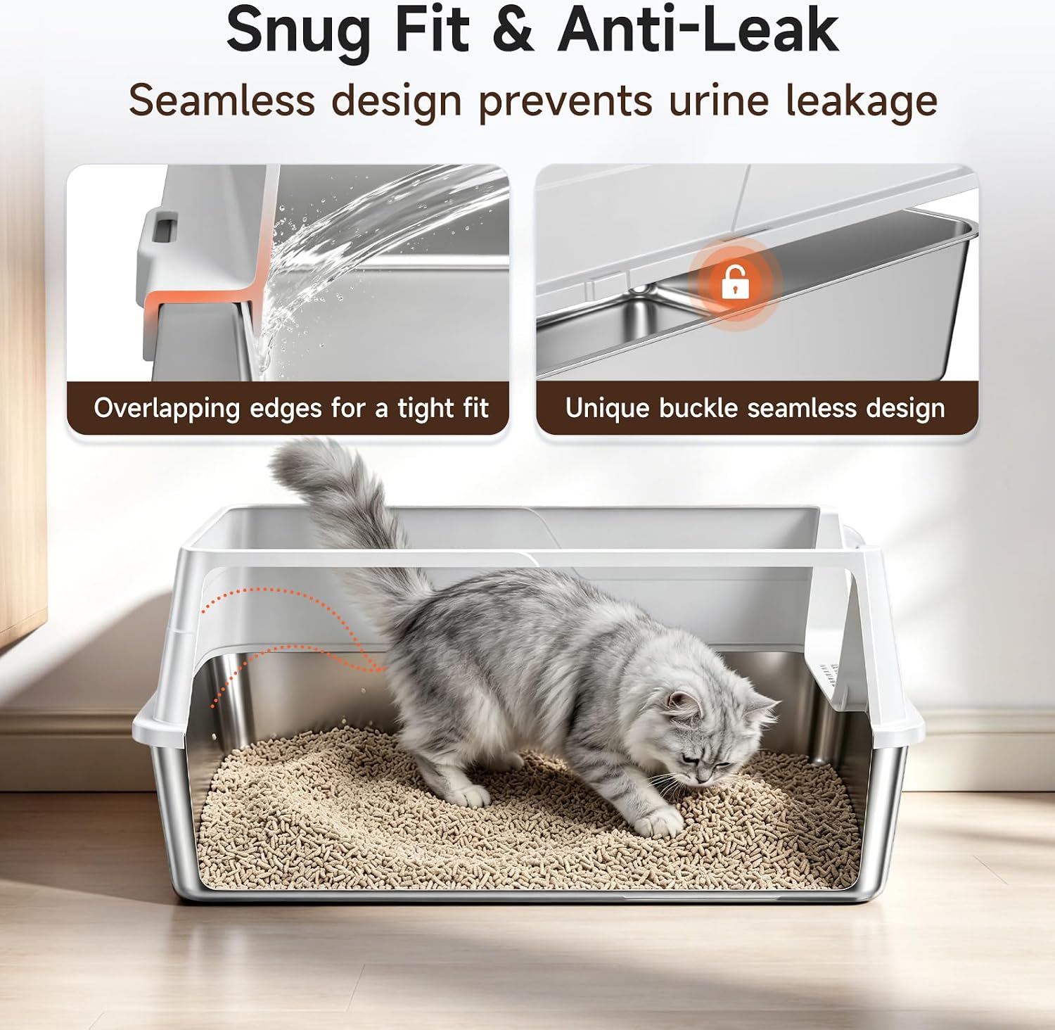Detalle 2 de OneBug MSP-XC-W607-Grey XXL Stainless Steel Cat Litter Box with High Guard