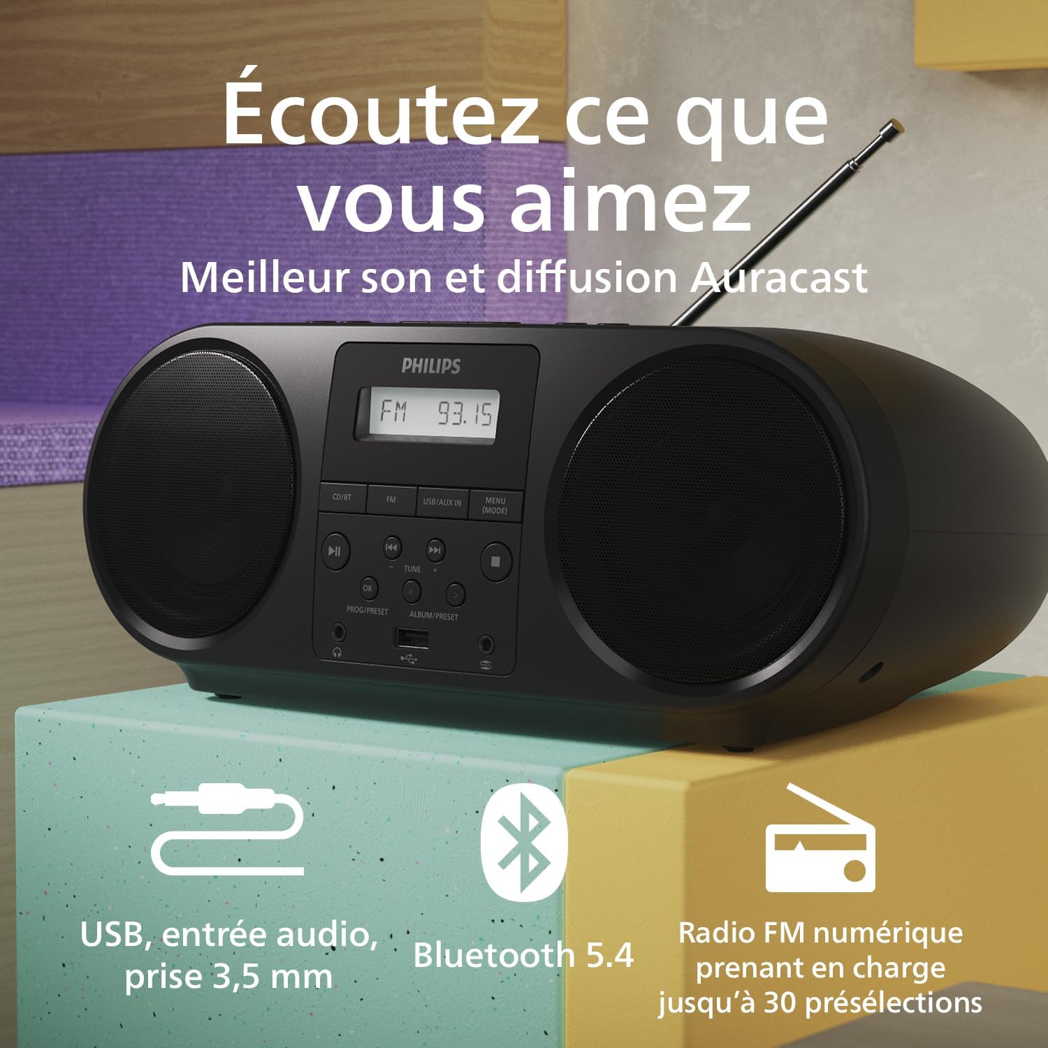 Thumbnail 4 de Philips TAZ5000 – Lecteur CD/Radio FM tout-en-un avec Bluetooth 5.4 et amplification des basses