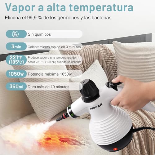 Thumbnail 1 de AKPIAN Limpiador a Vapor Portátil con 10 Accesorios | Limpia sin químicos en cocinas, cortinas, sofás, baldosas y baños