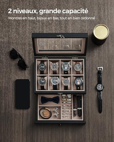 Thumbnail 5 de SONGMICS Boîte à Montres 8 Emplacements JOW008B01 – Écrin en bois avec couvercle en verre