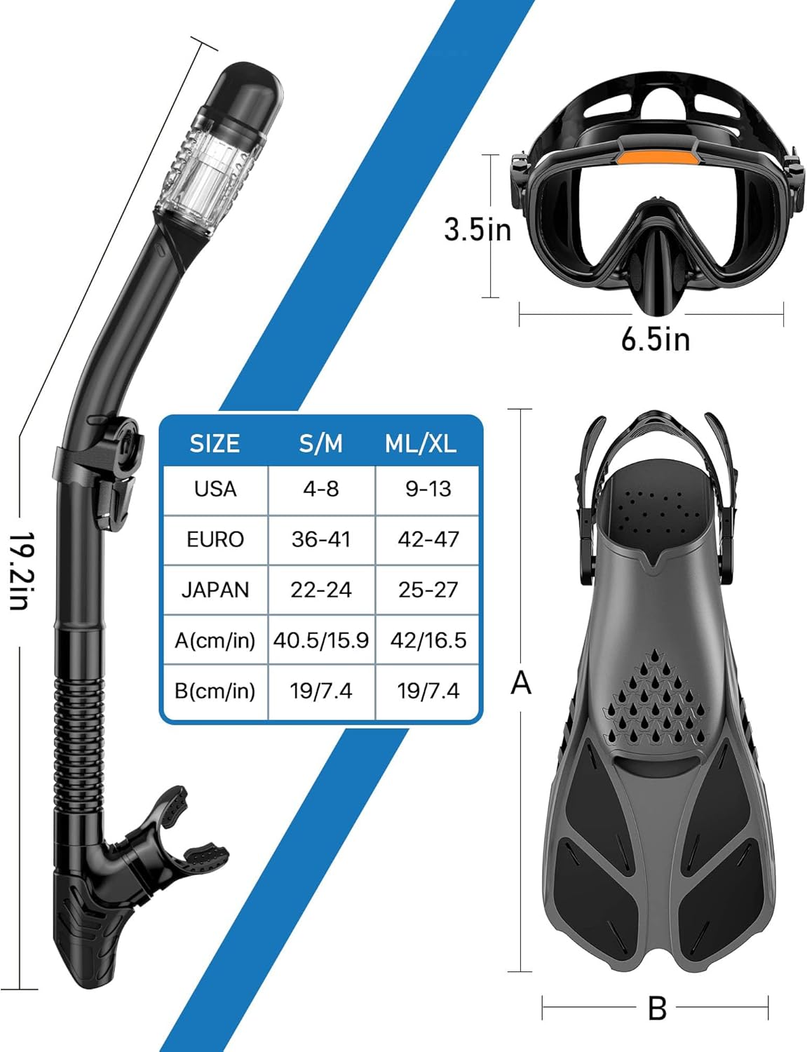 Detalle 2 de Ubekezele 4-in-1 Snorkeling Gear Set for Adults (Panoramic Mask, Dry-Top Snorkel, Adjustable Fins & Travel Bag)