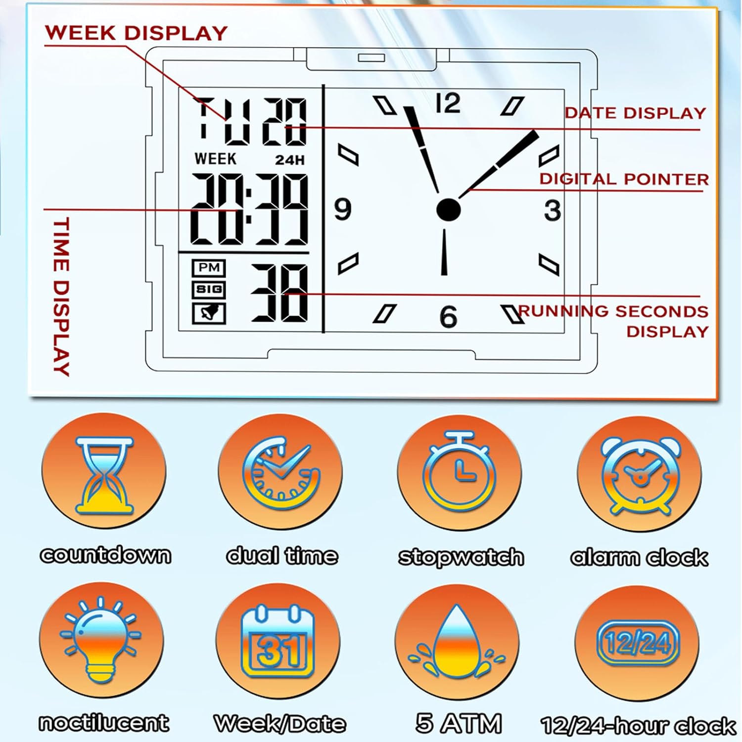 Detalle de findtime Rechteckige Armbanduhr Sportuhr – Hybrid aus Digital- und Analoganzeige mit Silikonarmband