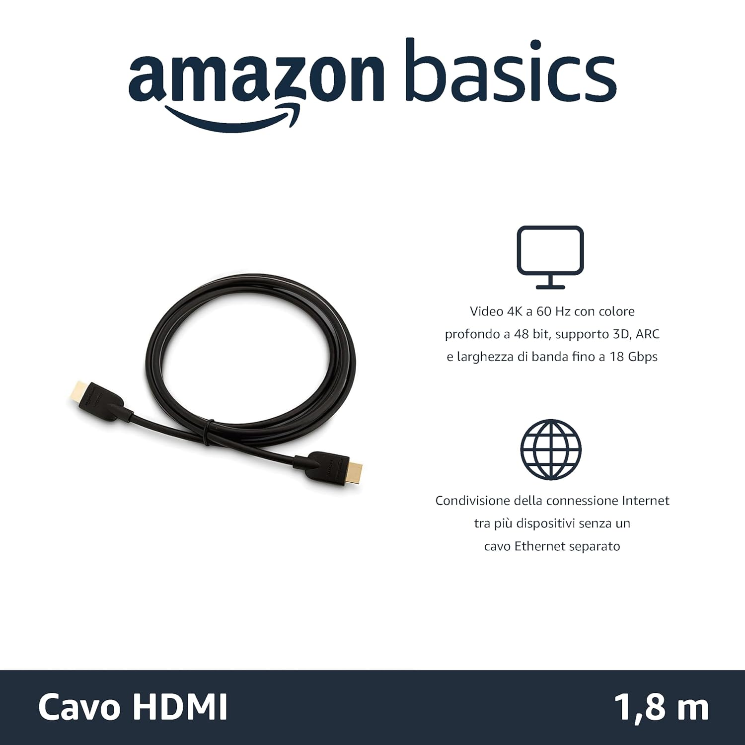 Detalle de Amazon Basics Confezione da 3 cavi HDMI 4K da 1.8 m – 18 Gbps, Ethernet, 4K@60 Hz, nero