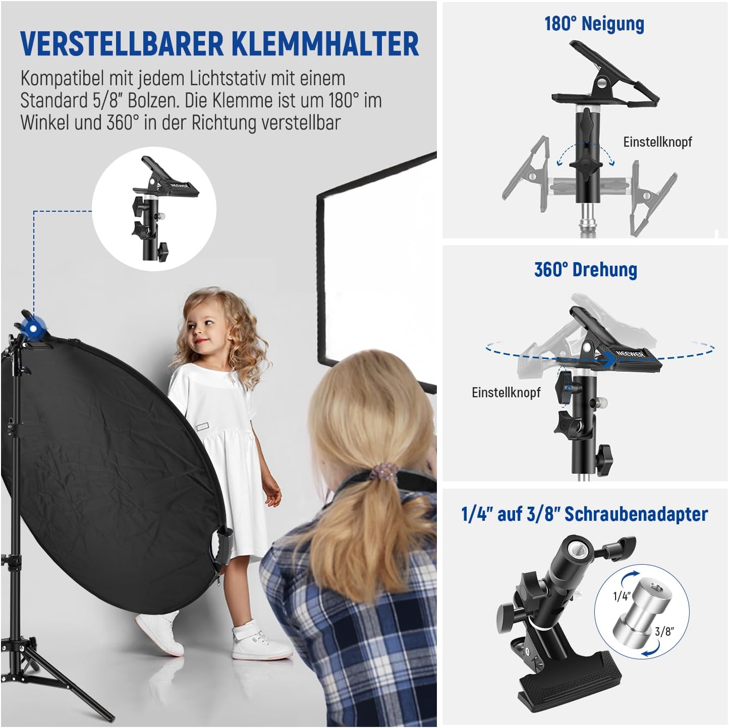 Detalle 2 de NEEWER RF-80II 80 cm Lichtreflektor 5-in-1 mit Klemme, Handgriffen und 3/8" Gewinde
