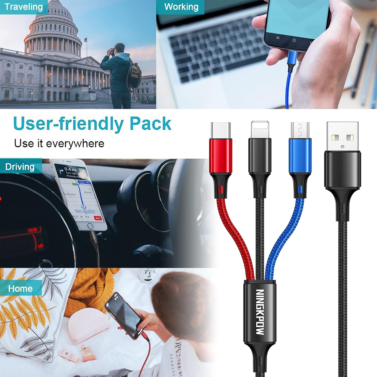 Thumbnail 6 de NINGKPOW Multi Charger Cable 1.2m — 3‑in‑1 charging cable
