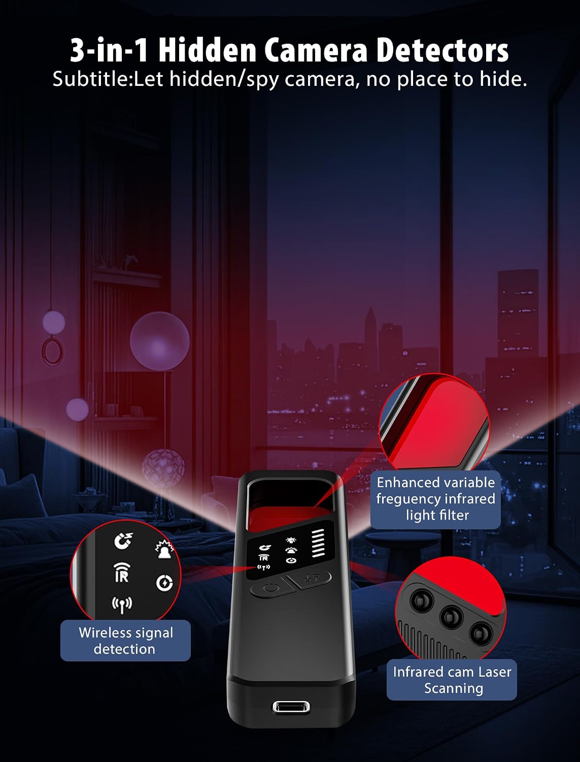 Detalle de CountureMode 7-in-1 Hidden Camera Detector with RF and GPS Detection, Black