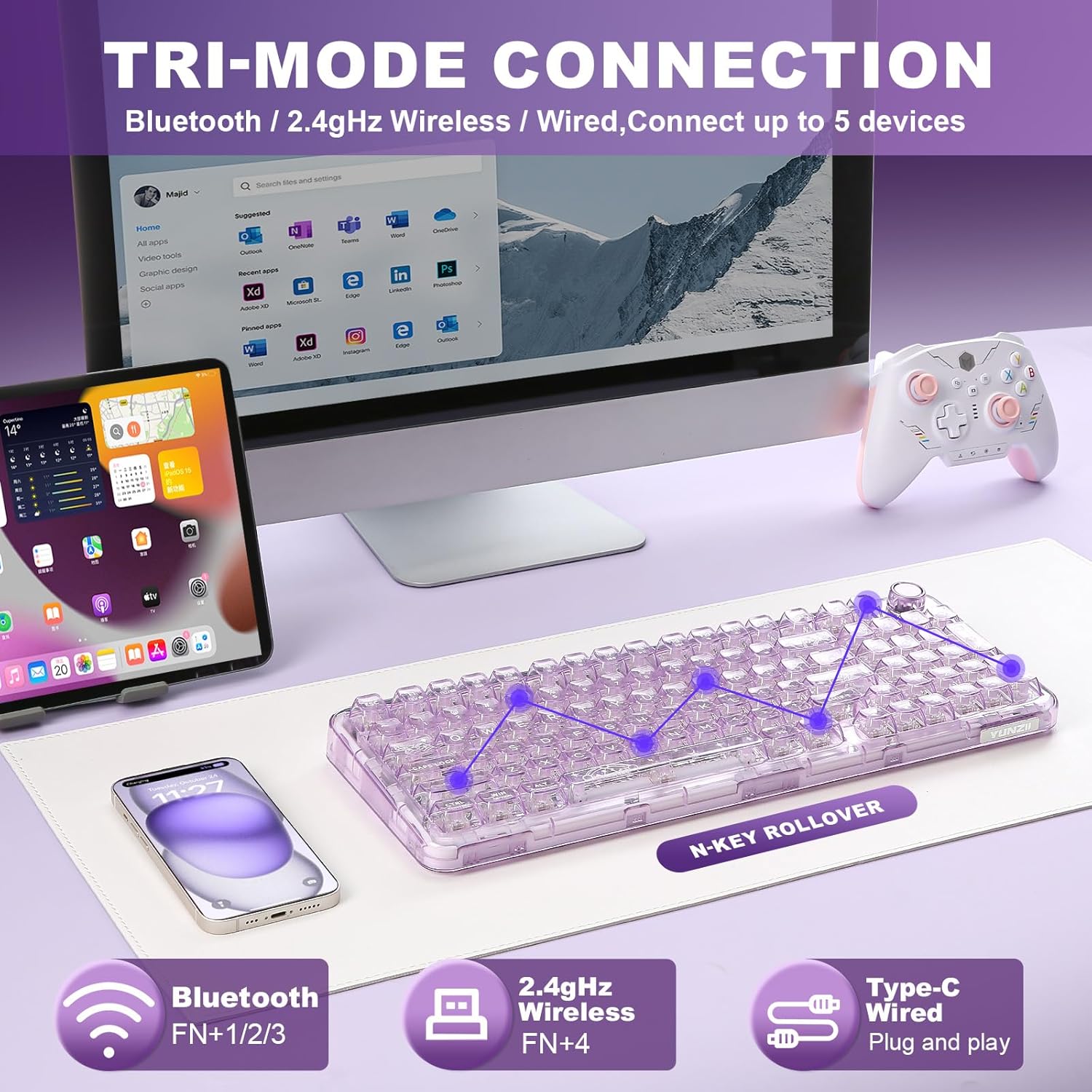 Thumbnail 2 de YUNZII X98 QMK/VIA Tri-Mode Wireless Mechanical Keyboard with Knob (Purple, Crystal Switch)
