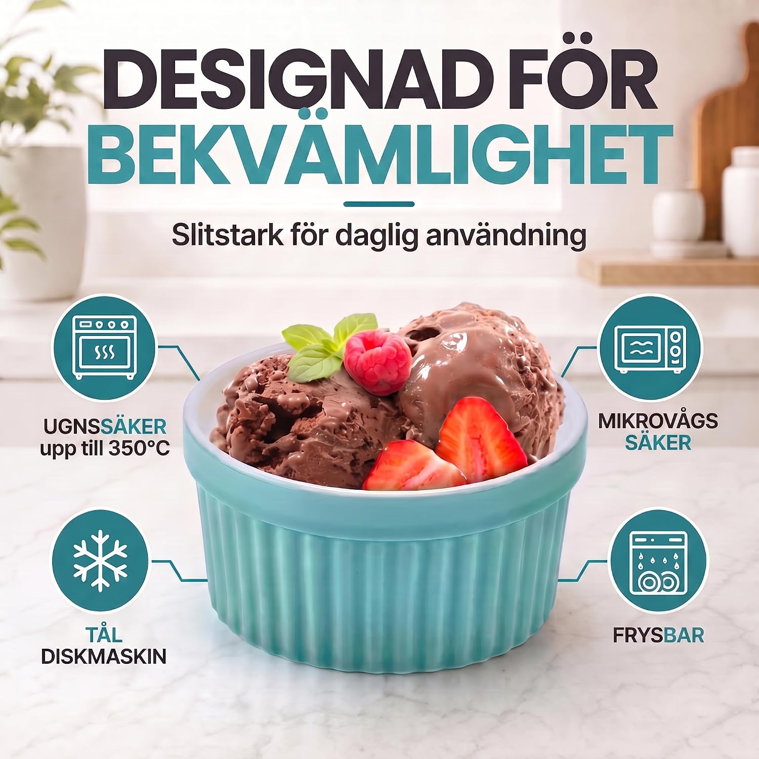 Detalle 2 de Dimono ramekins i keramik, set om 8 – 170 ml, turkosa och ugnssäkra till 350 °C