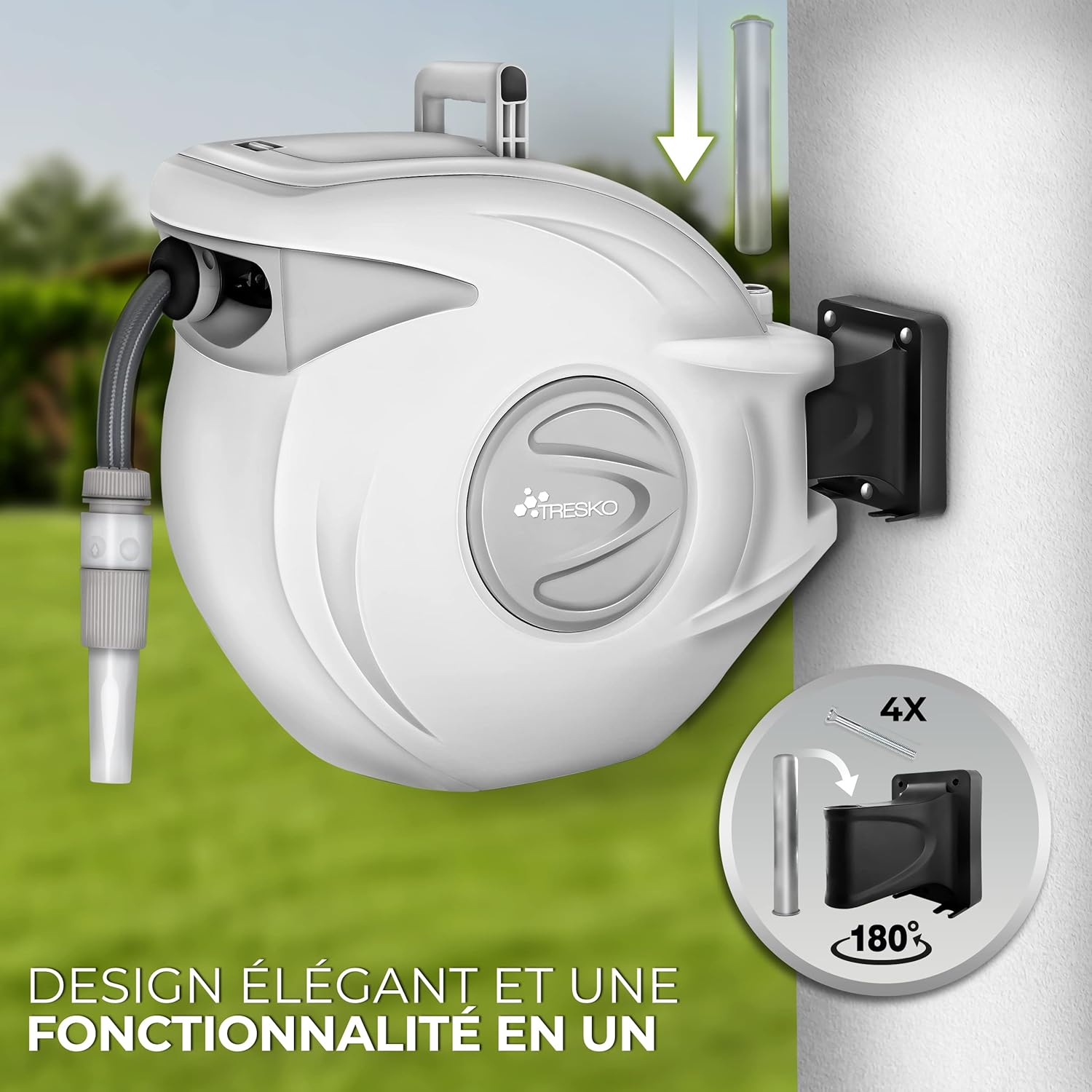 Thumbnail 4 de TRESKO enrouleur de tuyau d’arrosage mural 30 m en PVC – pivotant 180° avec enroulement automatique