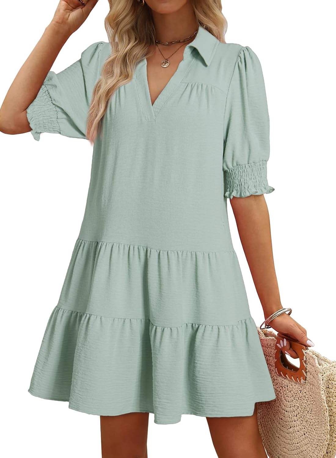 Thumbnail 6 de Dokotoo Casual Dresses for Women: Lapel Collar, V-Neck Mid Sleeve Pleated Midi Dress
