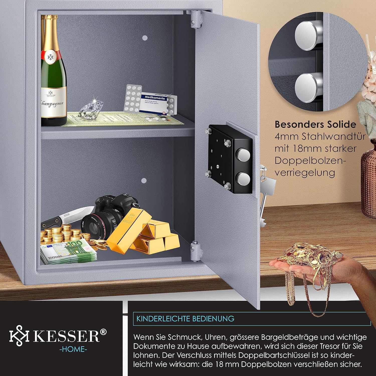 Detalle 2 de KESSER® Tresor Möbeltresor mit Doppelbartschloss – Boden- und Wandsafe 50×35×31 cm, inkl. 2 Schlüssel